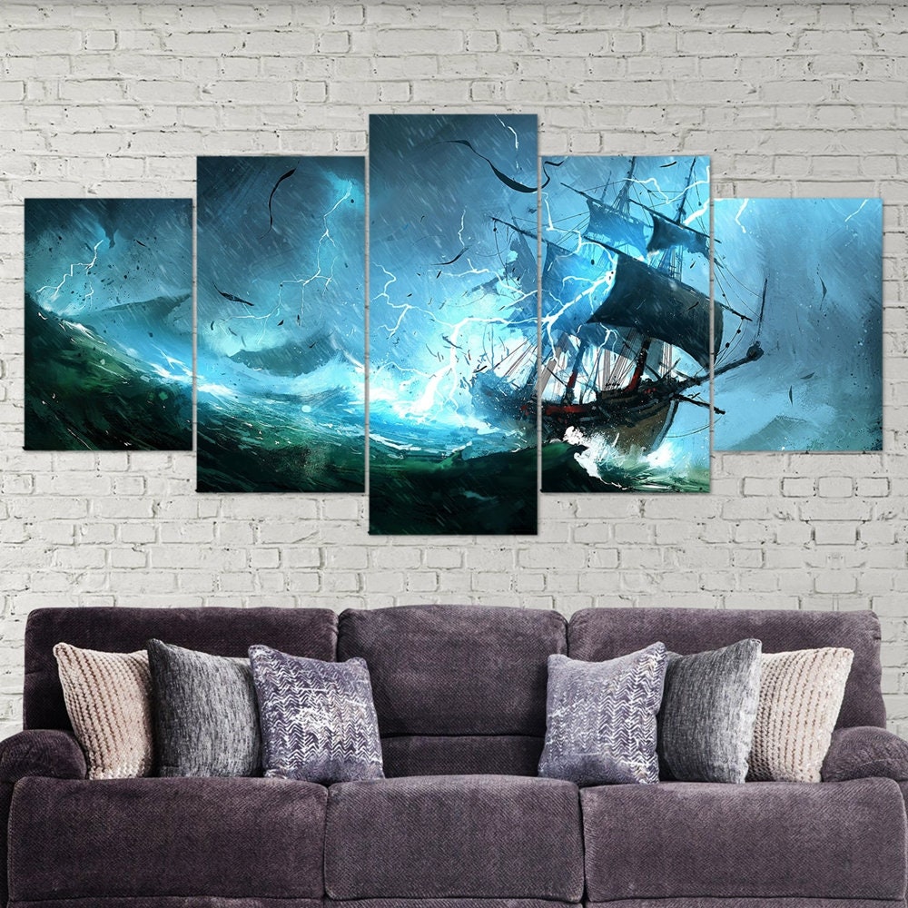 medieval-ship-art-storm-5-piece-canvas-wall-art-medieval-home-decor-canvas-print-medieval-decor-medieval-ships-print-poster-g