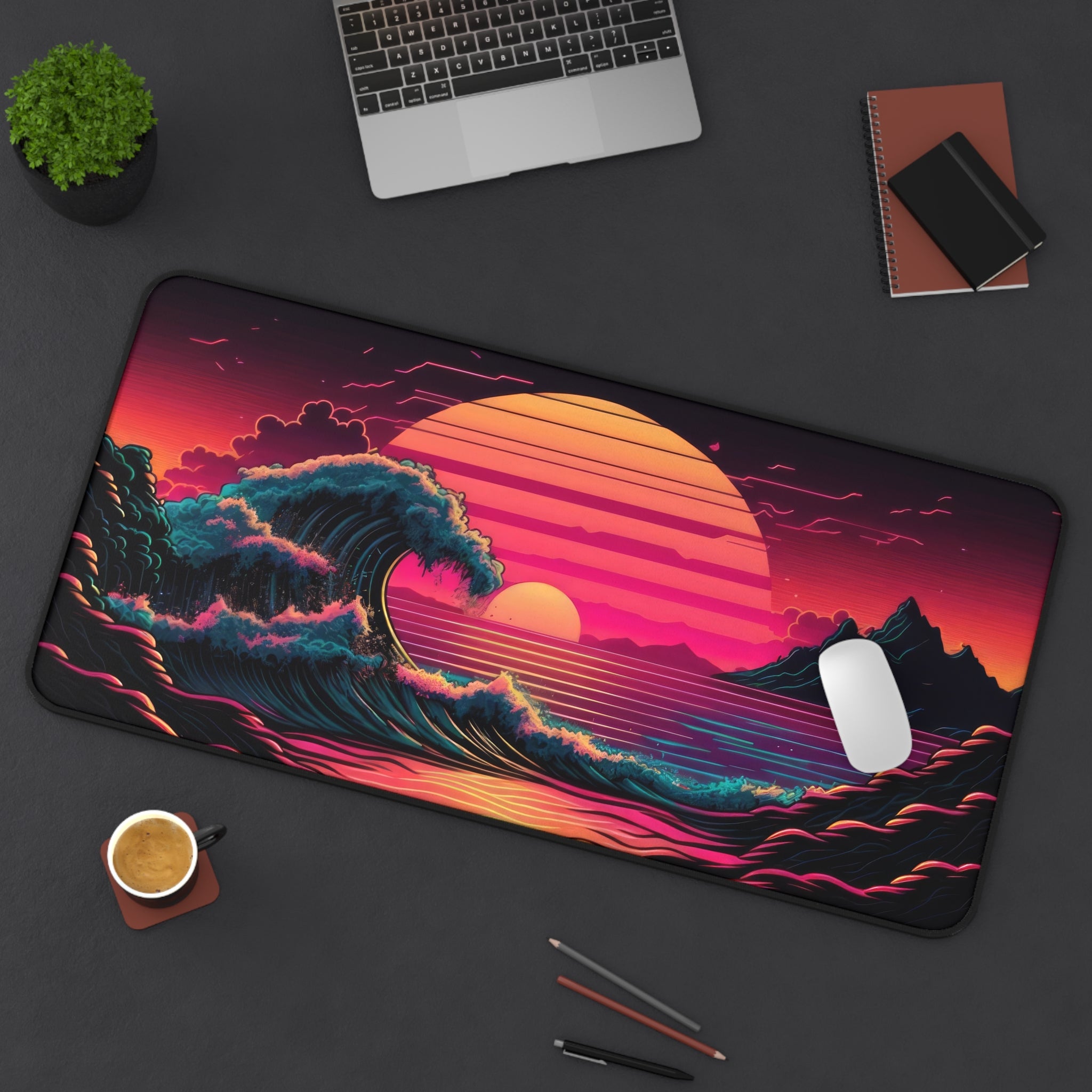 great-wave-off-kanagawa-vaporwave-moon-road-mouse-pad-retrowave-city-delorean-desk-mat-neon-synthwave-desk-pad