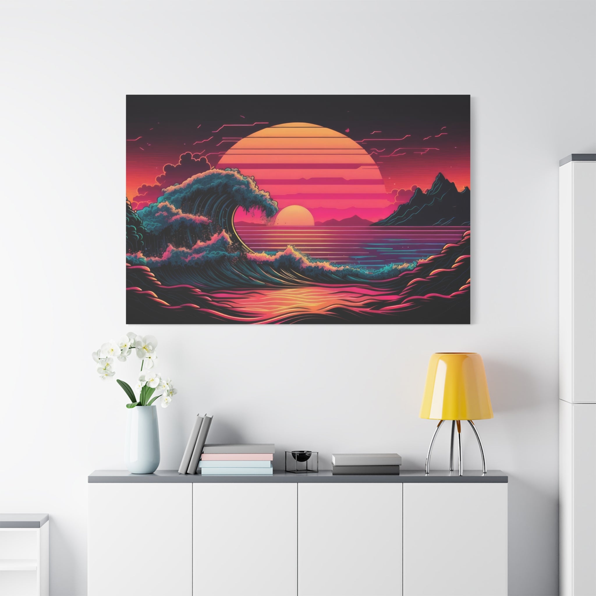 vaporwave-canvas-print-synthawave-canvas-wall-art-vaporwave-decor-retro-sunset-art-retrowave-wall-art-the-great-wave-home-art