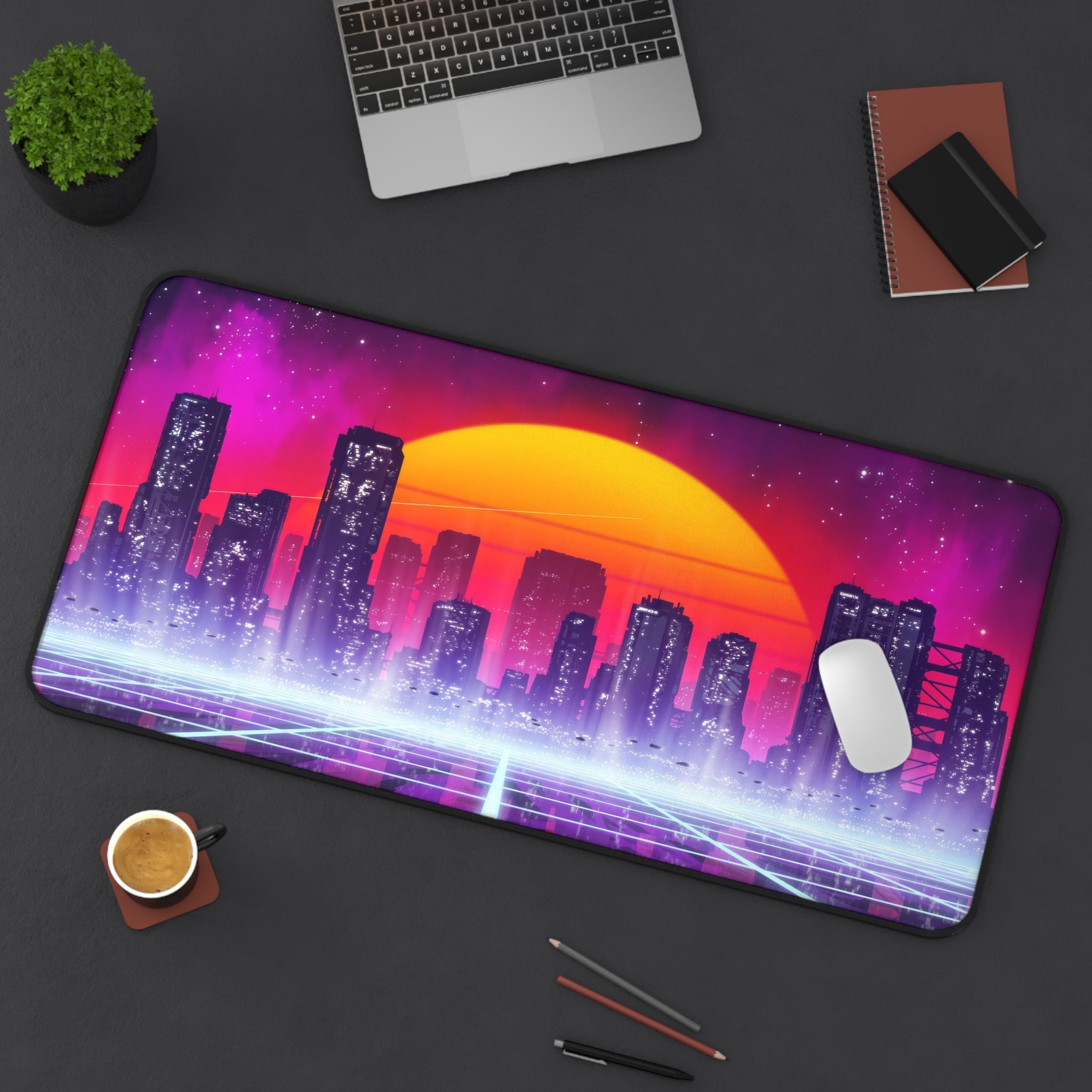 sci-fi-city-vaporwave-mouse-pad-retrowave-city-delorean-desk-mat-neon-synthwave-desk-pad-vaporwave-sun