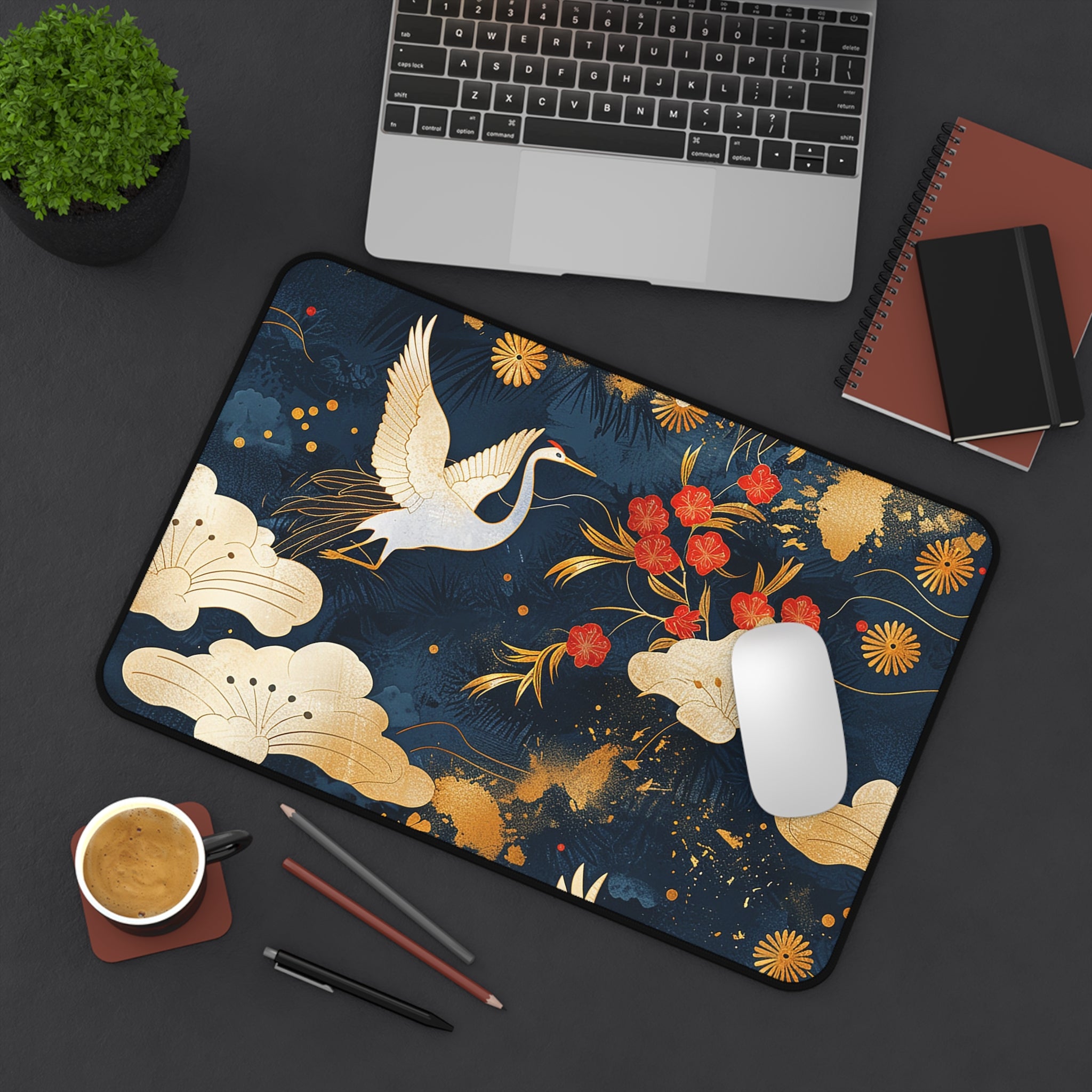 japanese-cranes-art-desk-mat-mousepad-navy-blue-desk-pad-for-home-office-asian-crane-design-gift-for-bird-lovers-office-decor