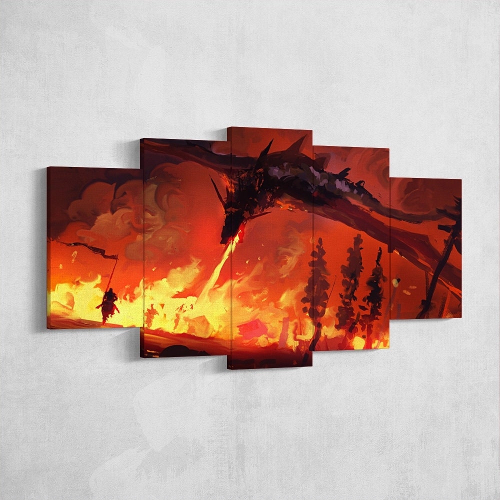 dragon-fire-fantasy-dragon-age-5-piece-canvas-wall-art-dragon-canvas-art-extra-large-wall-art-dragon-poster-5-piece-5-panel-3