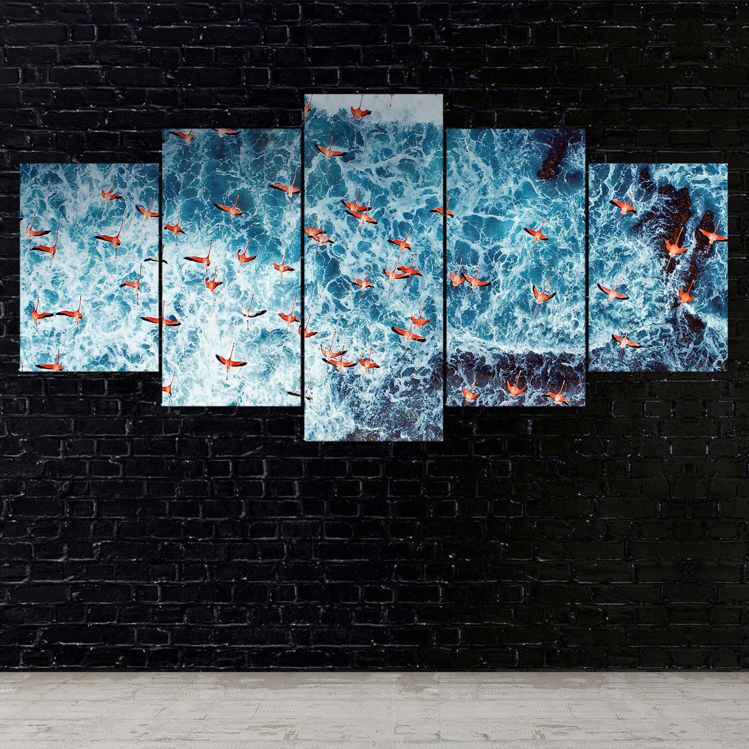 pink-flamingo-flying-ocean-scenery-aerial-wiew-5-piece-canvas-extra-large-wall-art-flamingo-wallpaper-poster-art-5-piece-5-pa