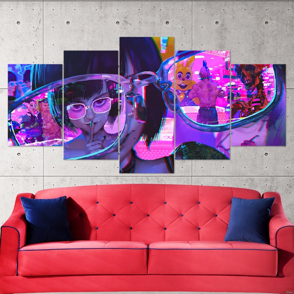cyberpunk-girl-glasses-sci-fi-5-piece-canvas-wall-art-neon-art-cyberpunk-decor-art-extra-large-wall-art-cyberpunk-poster