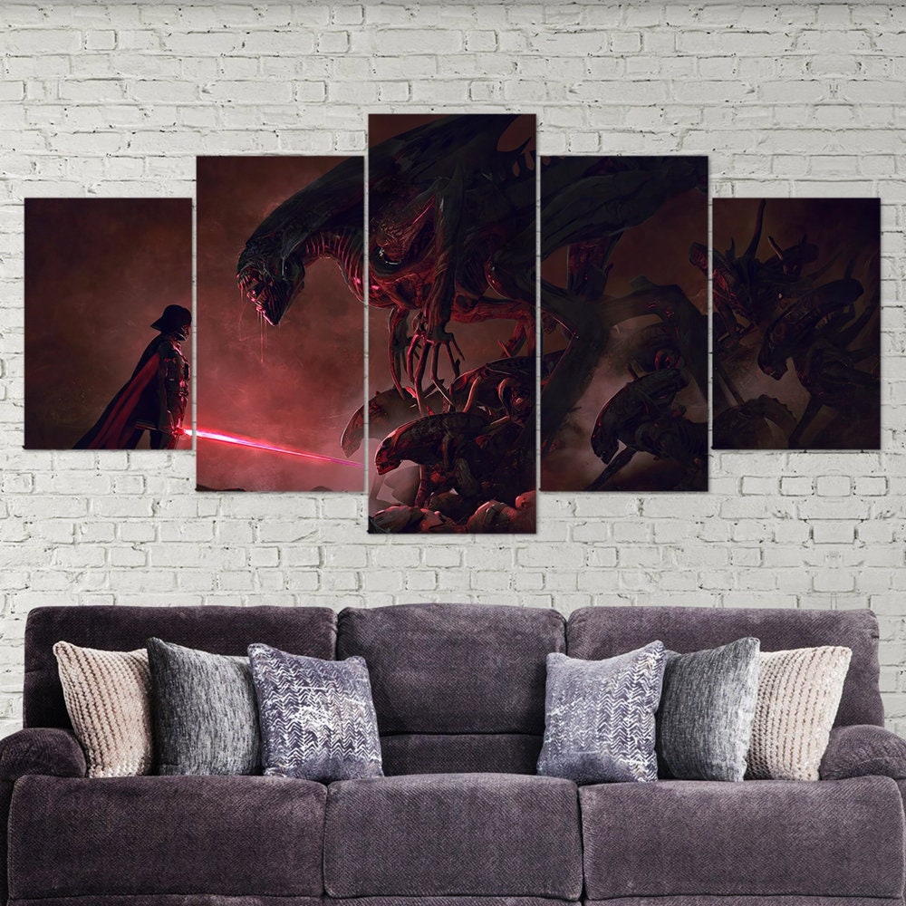 darth-vader-vs-aliens-xenomorph-lightsaber-star-wars-5-piece-canvas-wall-art-canvas-print-darth-vader-decor-art-multi-panel-g