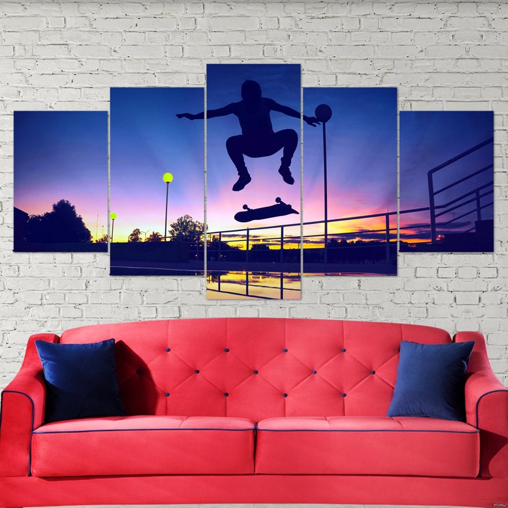 skating-silhouette-sunset-scenery-landscape-5-piece-canvas-wall-art-home-art-decor-extra-large-wall-art-skating-poster