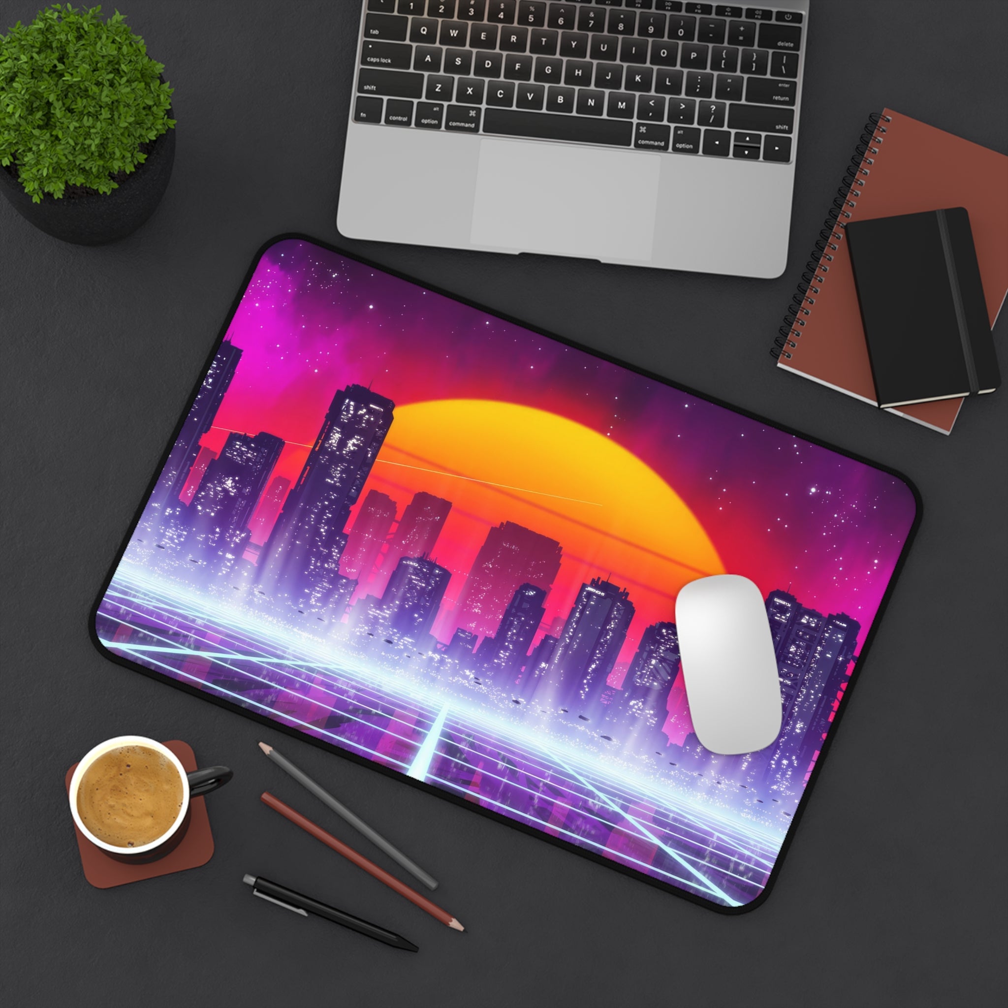 sci-fi-city-vaporwave-mouse-pad-retrowave-city-delorean-desk-mat-neon-synthwave-desk-pad-vaporwave-sun