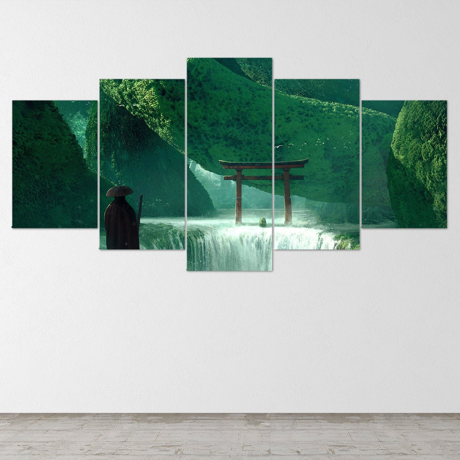 japanese-spirit-gate-torii-samurai-warrior-waterfall-landscape-5-piece-canvas-extra-large-wall-art-samurai-poster-5-piece-5-p