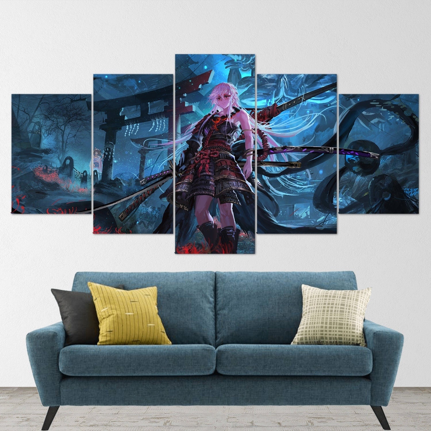 anime-samurai-girl-katana-5-piece-canvas-wall-art-samurai-art-canvas-art-extra-large-wall-art-anime-girl-poster-5-piece-5-pan