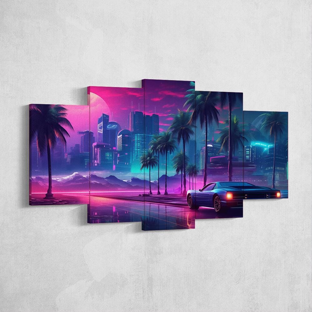 vaporwave-car-sunset-5-piece-canvas-wall-art-synthwave-wall-decor-for-bedroom-and-living-room-retrowave-wall-art-5-panel-larg