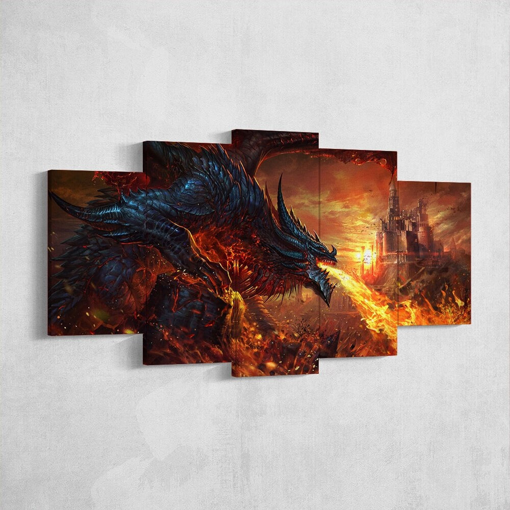 dragon-fire-fantasy-dragon-age-5-piece-canvas-wall-art-dragon-canvas-art-extra-large-wall-art-dragon-poster-5-piece-5-panel-1