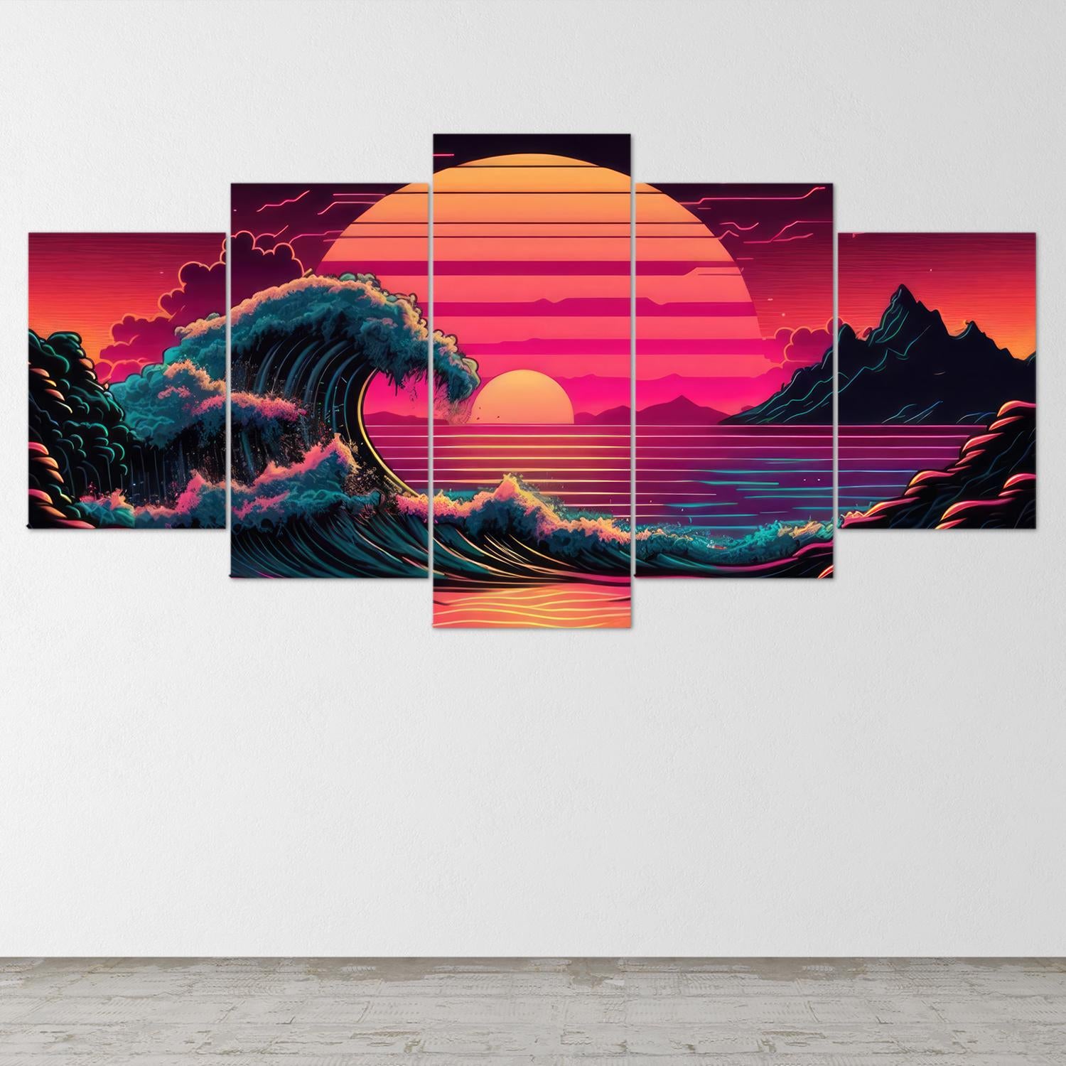 vaporwave-waves-sunset-5-piece-canvas-wall-art-synthwave-wall-decor-for-bedroom-and-living-room-retrowave-wall-art-5-panel-la