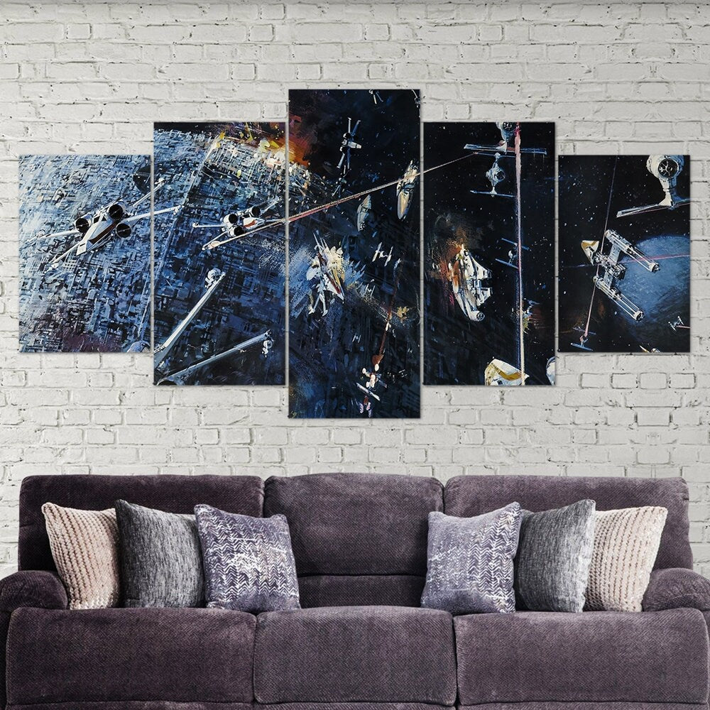 retro-star-wars-death-star-5-piece-canvas-wall-art-x-wing-canvas-print-star-wars-landscape-darth-vader-decor-art-multi-panel-
