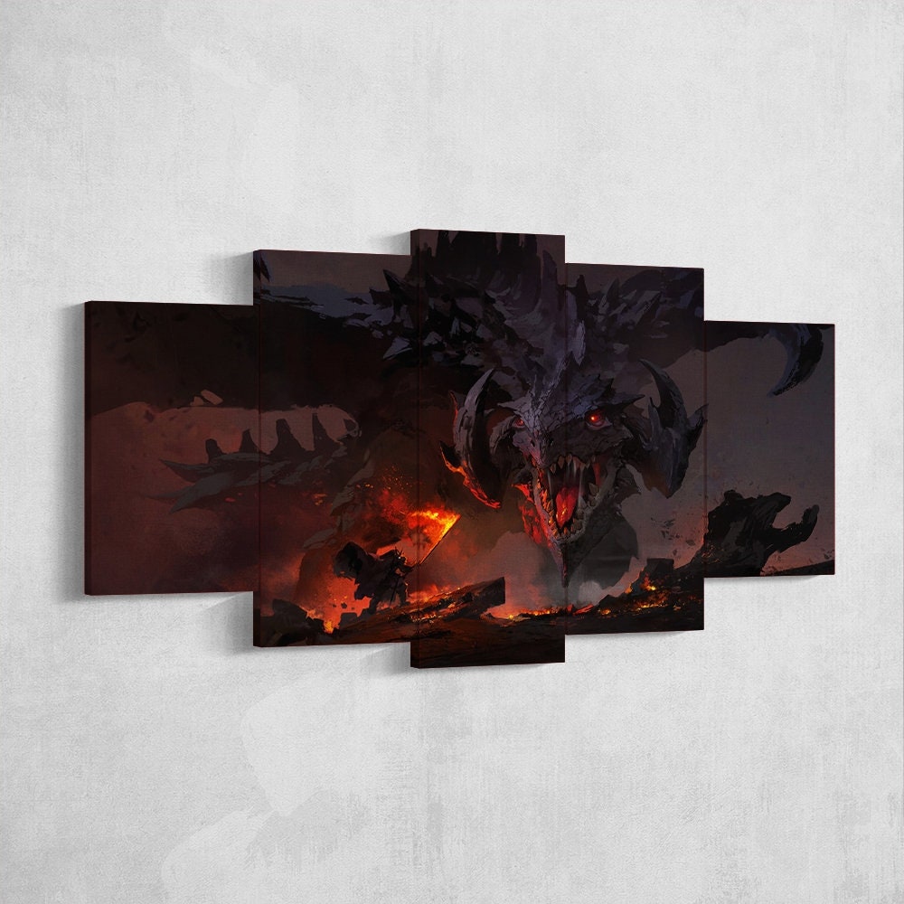 dragon-fire-fantasy-dragon-age-5-piece-canvas-wall-art-dragon-canvas-art-extra-large-wall-art-dragon-poster-5-piece-5-panel