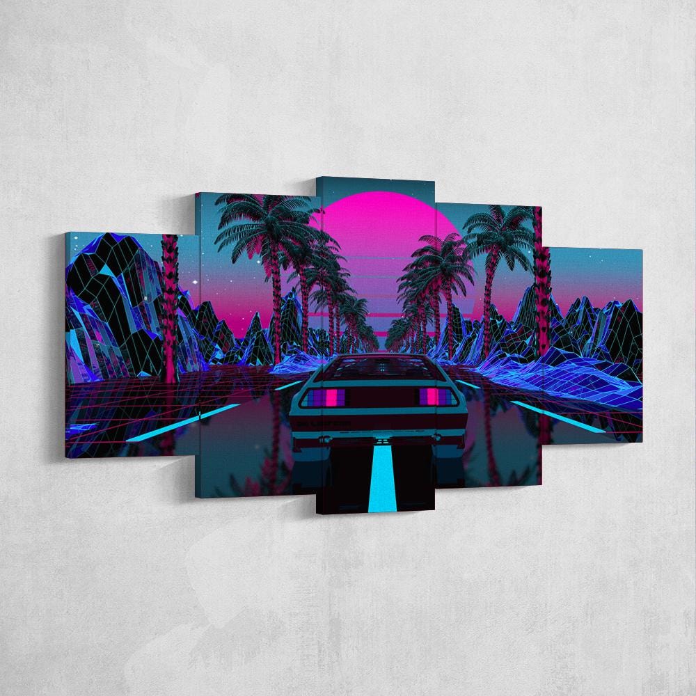 vaporwave-car-sunset-5-piece-canvas-wall-art-synthwave-wall-decor-for-bedroom-and-living-room-retrowave-wall-art-5-panel-larg