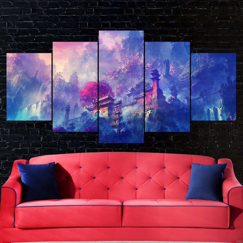 buddha-oriental-castle-scenery-5-piece-canvas-wall-art-buddha-art-buddha-decor-extra-large-wall-art-buddha-poster-gift