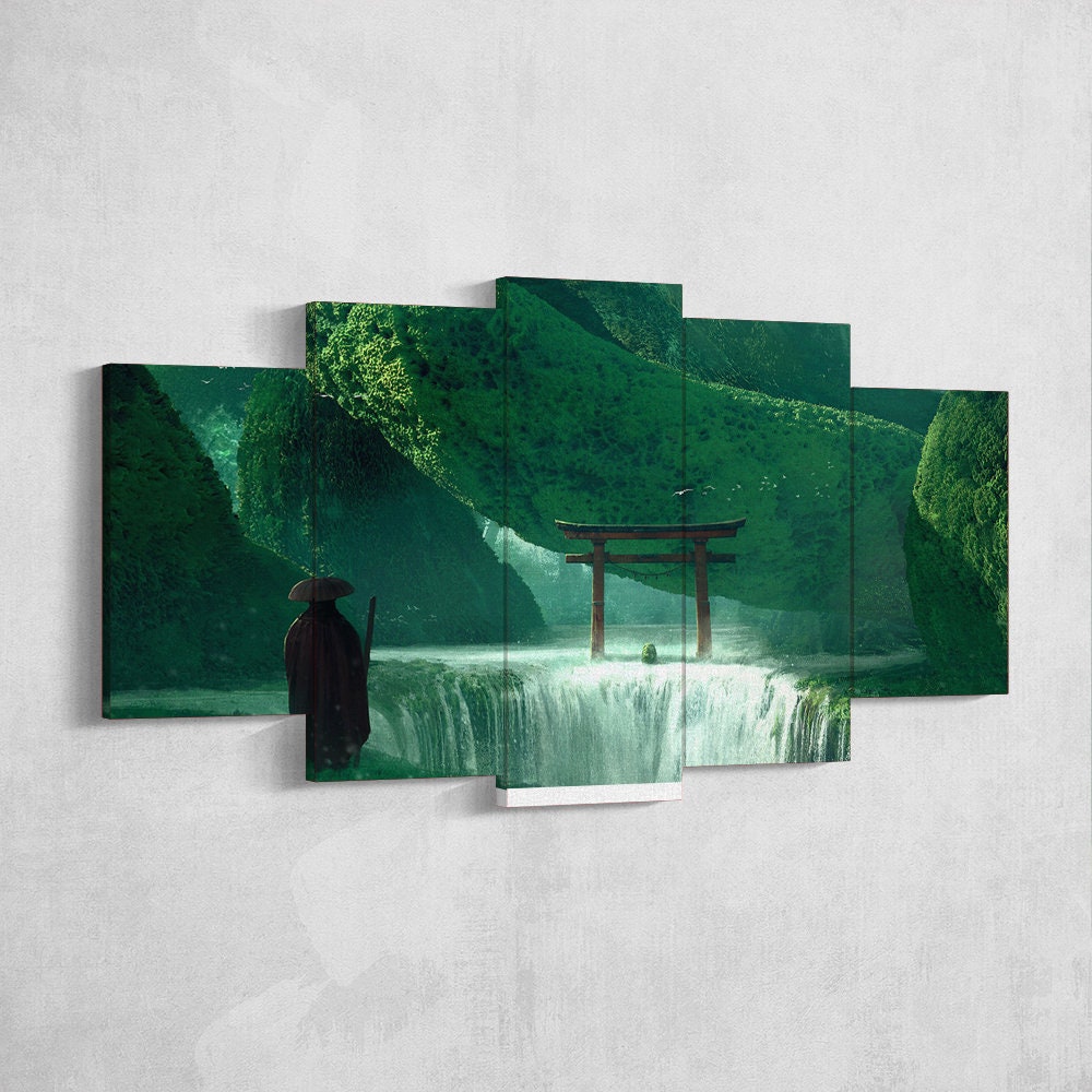 japanese-spirit-gate-torii-samurai-warrior-waterfall-landscape-5-piece-canvas-extra-large-wall-art-samurai-poster-5-piece-5-p