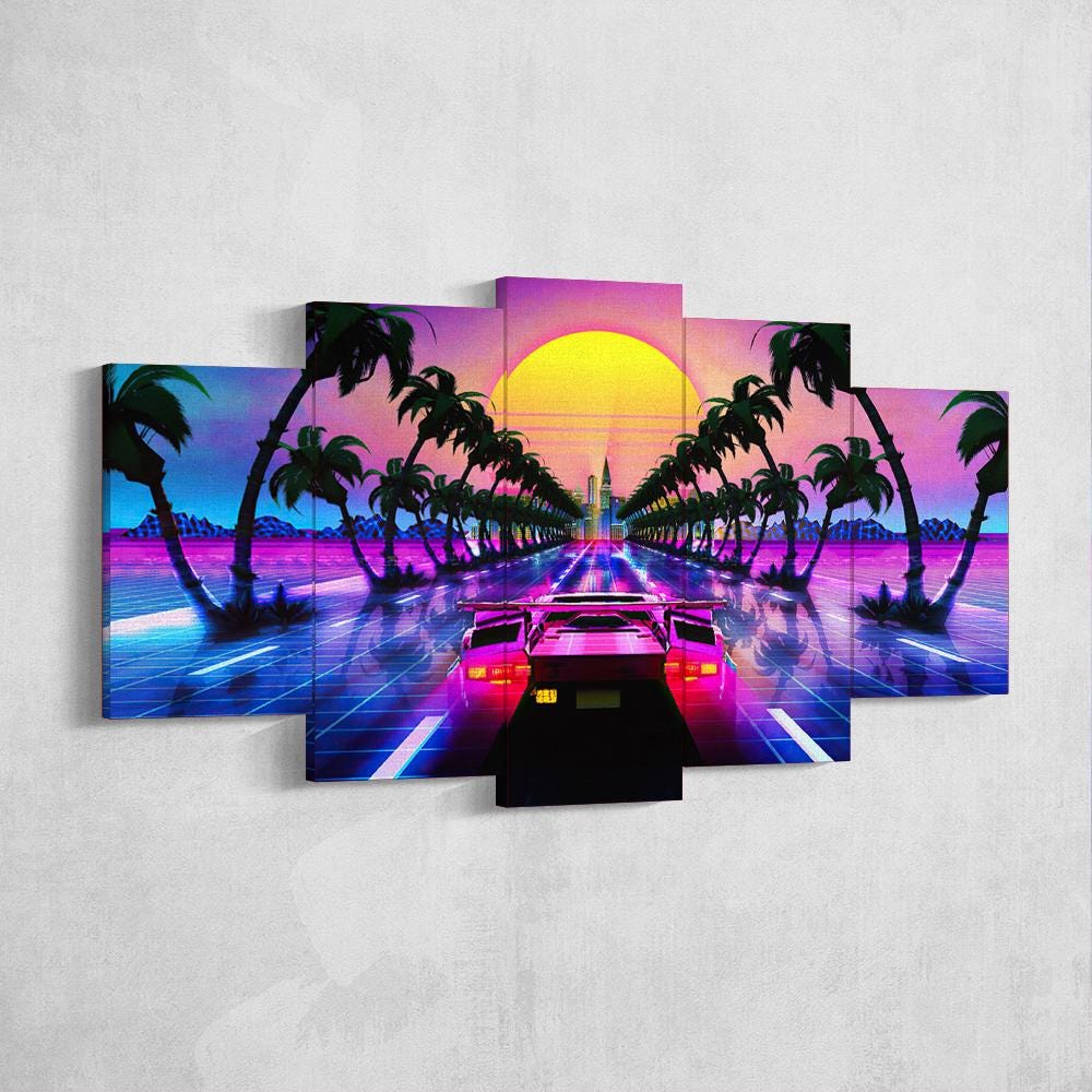 vaporwave-car-sunset-5-piece-canvas-wall-art-synthwave-wall-decor-for-bedroom-and-living-room-retrowave-wall-art-5-panel-larg