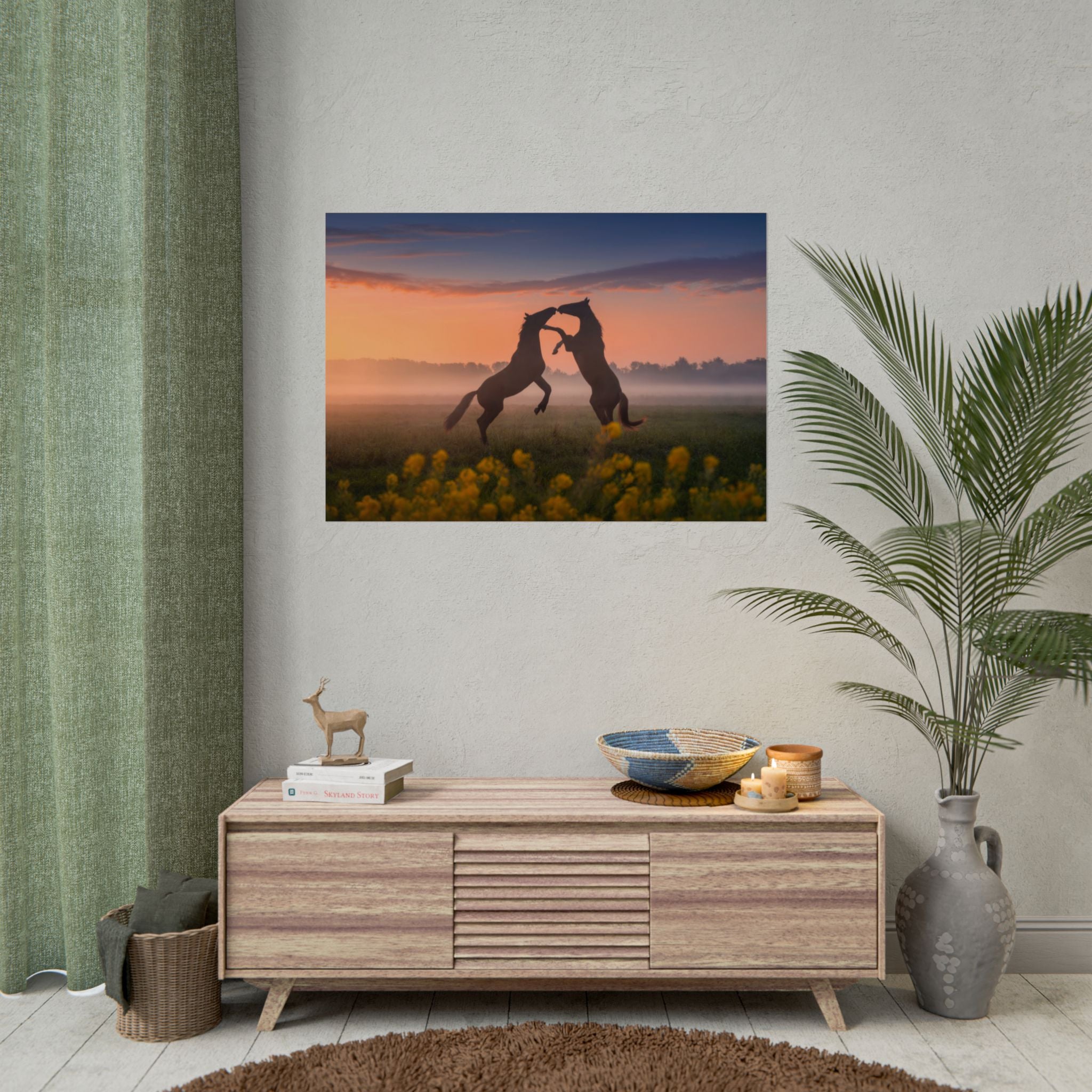 Wild Rising Horses Poster Print, Field of Flowers Decor, Home Decor, Farmhouse Wall Decor, Nature Wall Art, Horse Canvas Print, Mustang