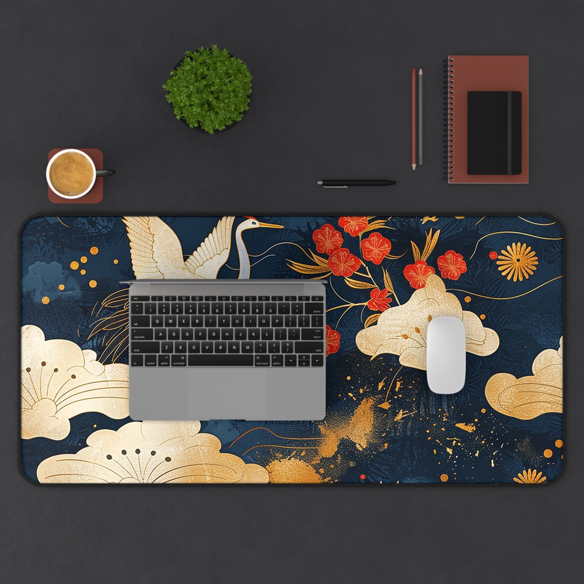 japanese-cranes-art-desk-mat-mousepad-navy-blue-desk-pad-for-home-office-asian-crane-design-gift-for-bird-lovers-office-decor