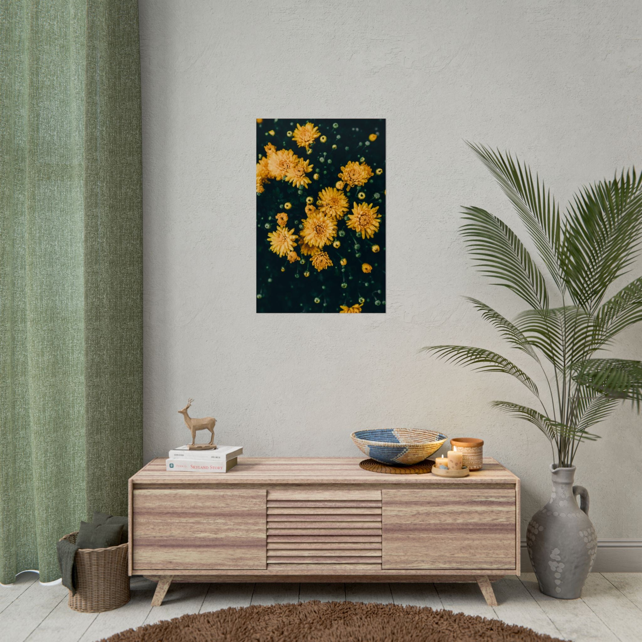 yellow-flower-art-poster-print-floral-wall-decor-floral-home-decor-gift-dark-botanical-art-print