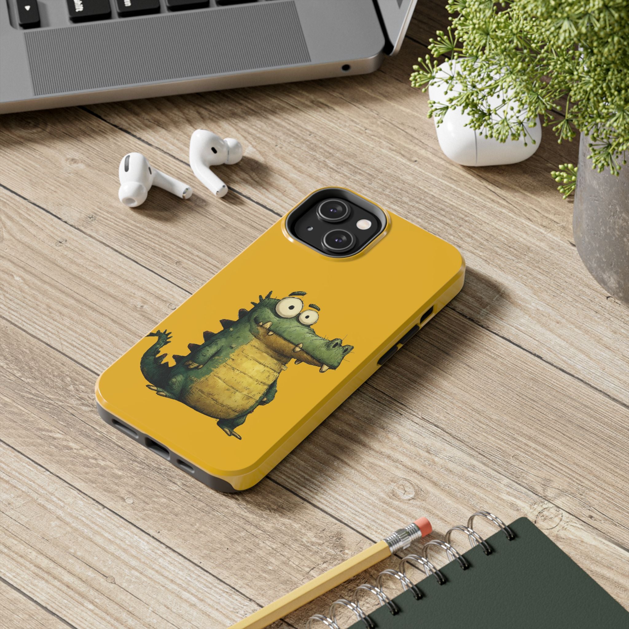 Quirky Funny Alligator iPhone Tough Case - Kawaii Animal Phone Cover - Crocodile Protective Phone Cover - Yellow iPhone Case