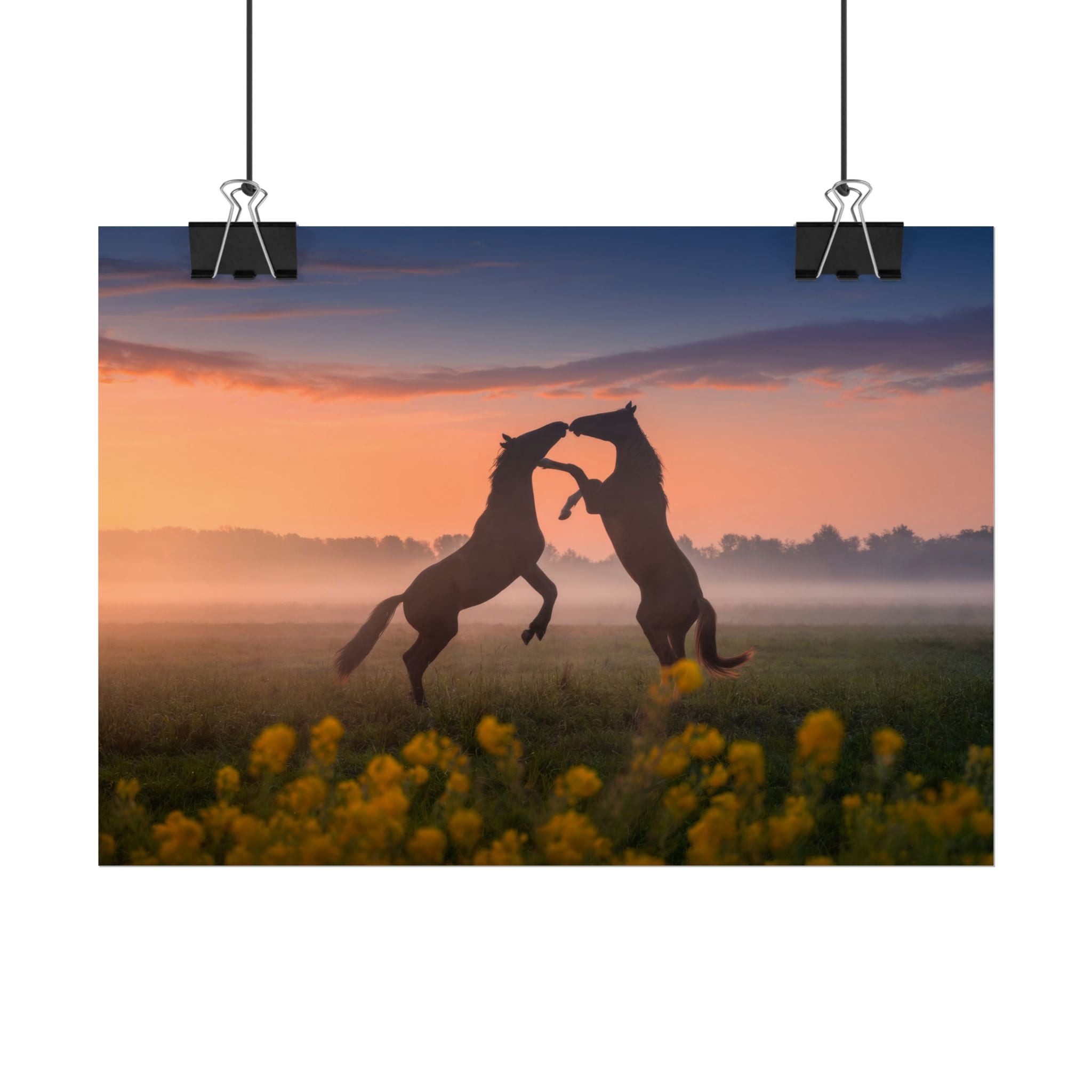 Wild Rising Horses Poster Print, Field of Flowers Decor, Home Decor, Farmhouse Wall Decor, Nature Wall Art, Horse Canvas Print, Mustang