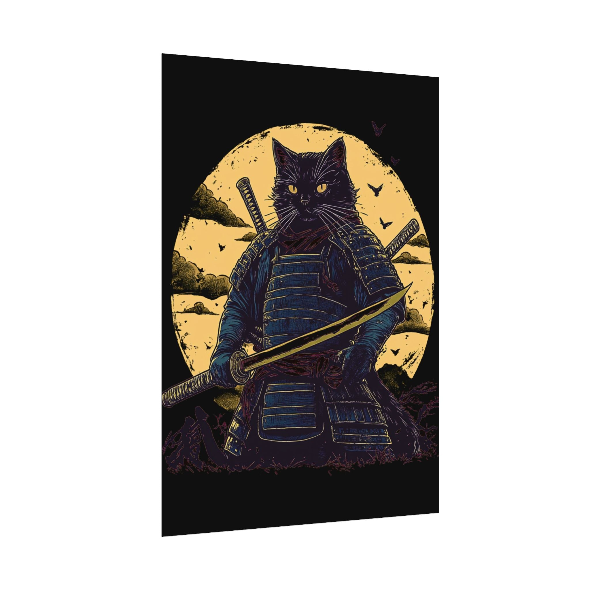 retro-wall-art-samurai-cat-japanese-style-sunset-rolled-posters-home-decor-wall-hanging-poster-gift-japanese-art-poster