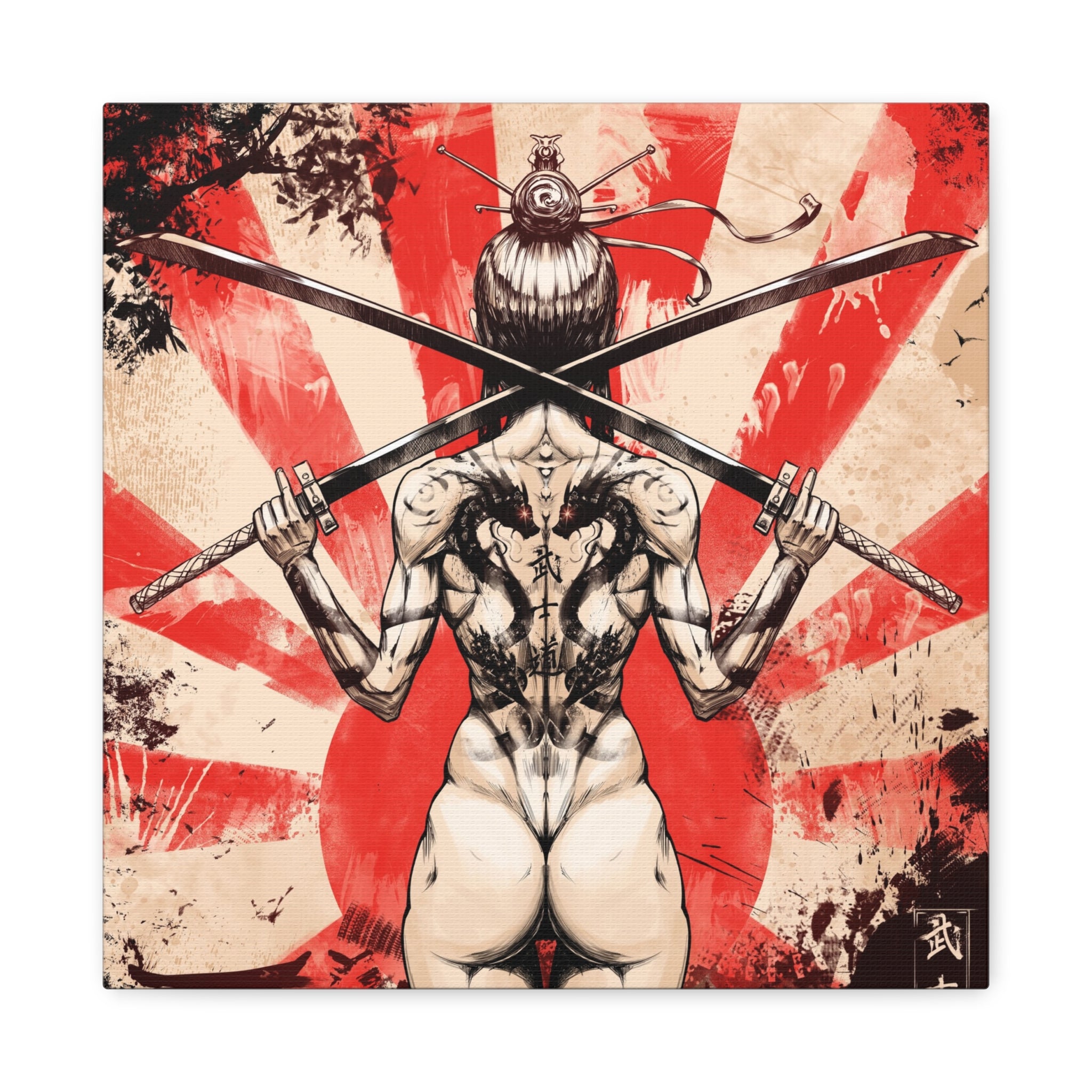 canvas-print-samurai-katana-dragon-tattoo-naked-woman-wall-decor-stretched-matte-japanese-art-asian-home-decoration-fantasy