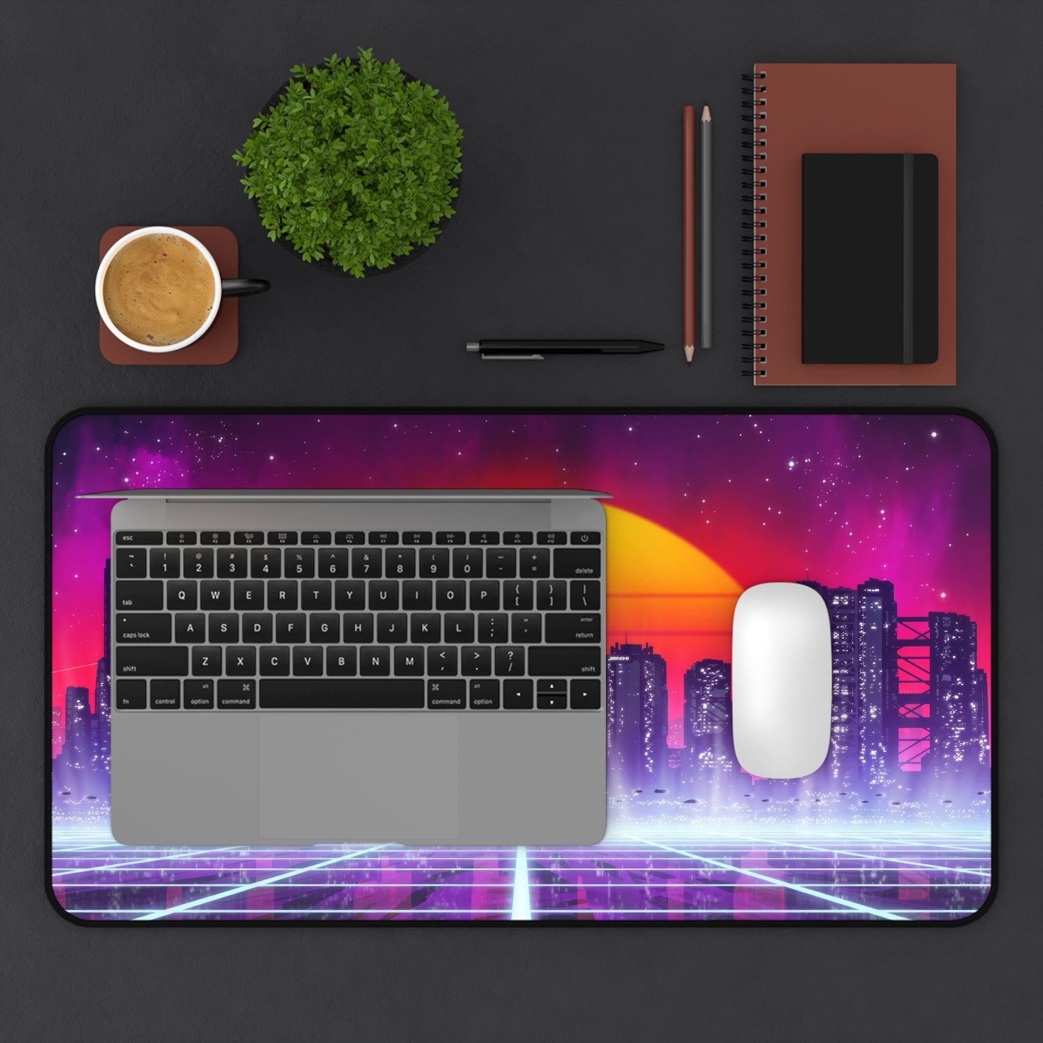 sci-fi-city-vaporwave-mouse-pad-retrowave-city-delorean-desk-mat-neon-synthwave-desk-pad-vaporwave-sun