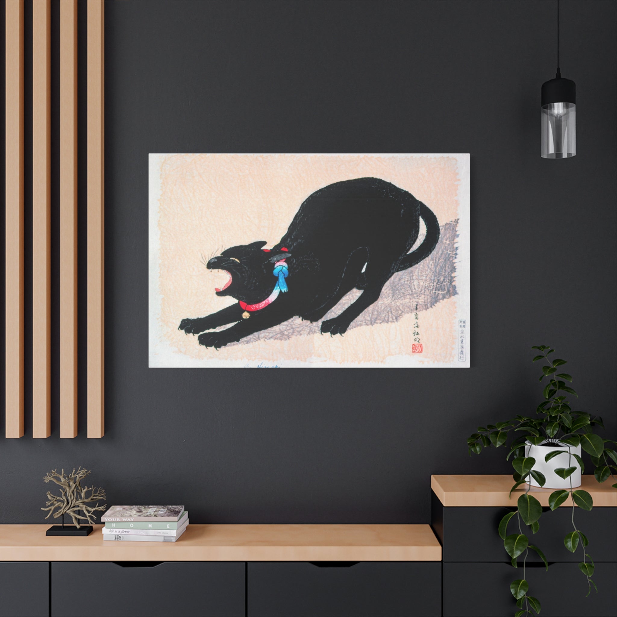 canvas-print-wall-art-black-cat-hissing-by-hiroaki-takahashi-living-room-decor-japanese-art-home-wall-decor