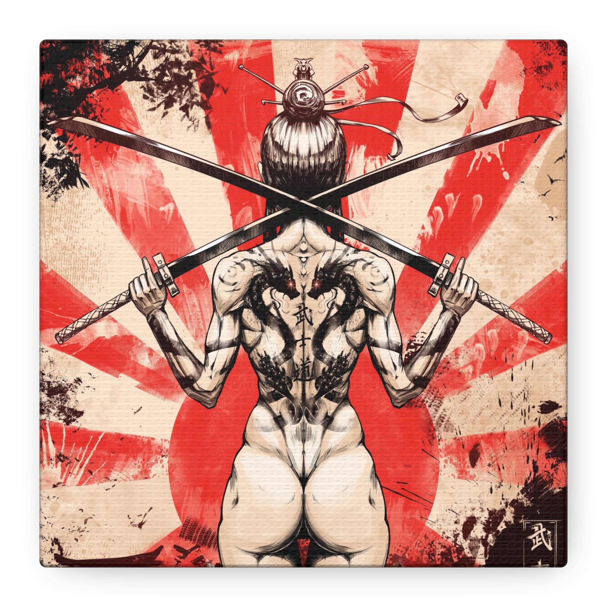 canvas-print-samurai-katana-dragon-tattoo-naked-woman-wall-decor-stretched-matte-japanese-art-asian-home-decoration-fantasy