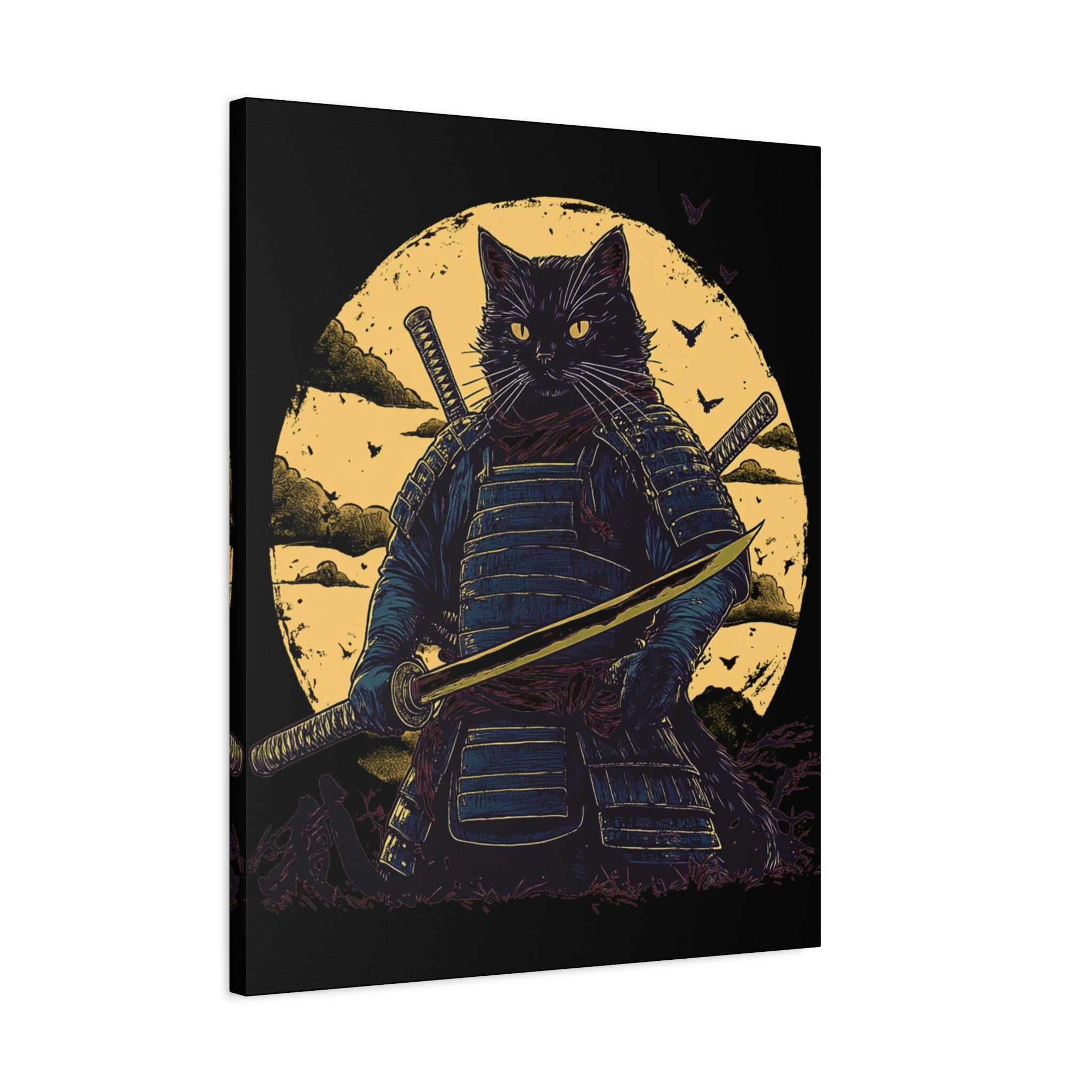 canvas-wall-art-samurai-cat-japanese-style-sunset-retro-wall-decor-stretched-matte-canvas-wall-hanging-home-decor-retro-wall-