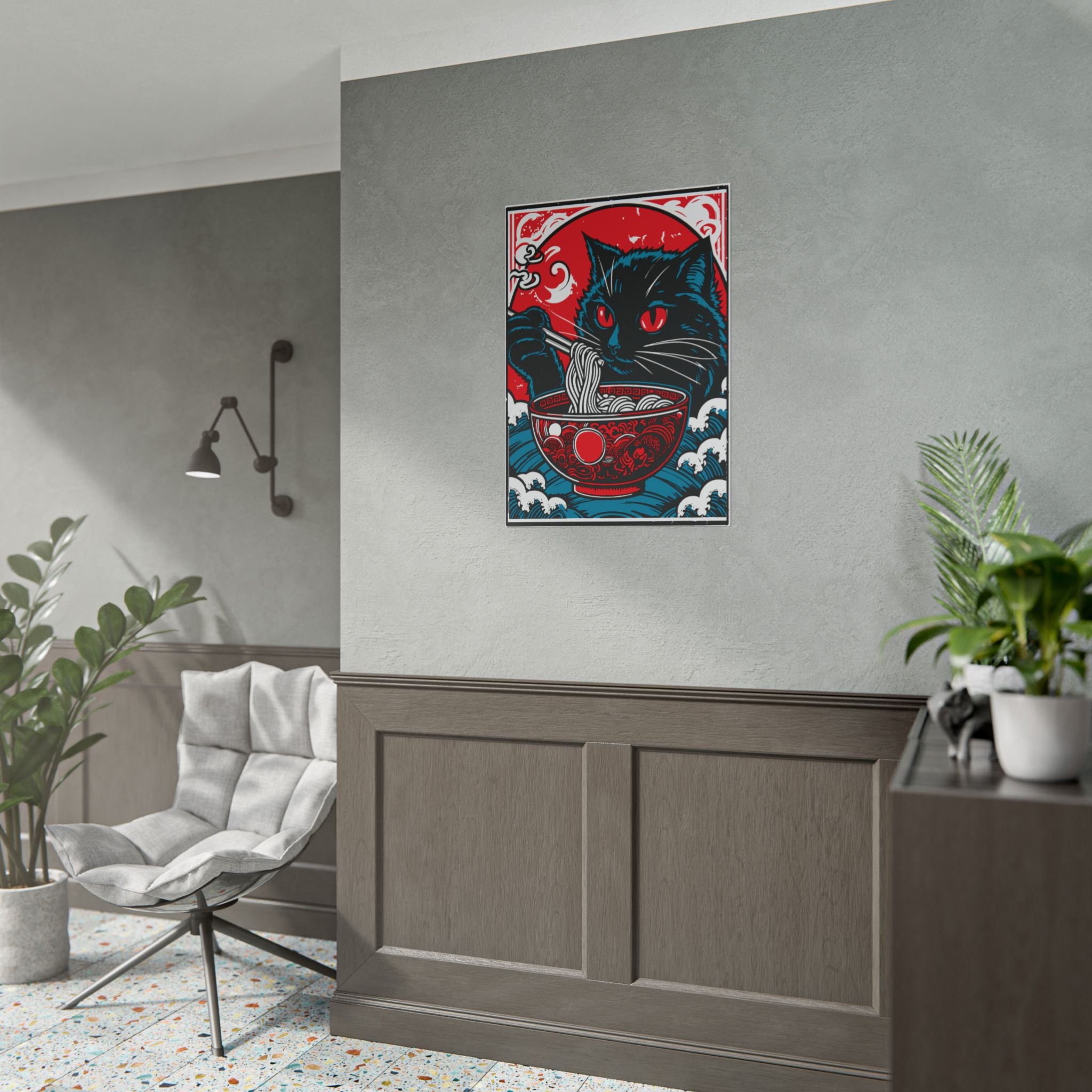 Cat Eating Ramen Noodle Poster Print, Retro Japanese Decor Wall Art, Living Room Decoration, Japandi Poster Art, Home Decor, Cute Cat