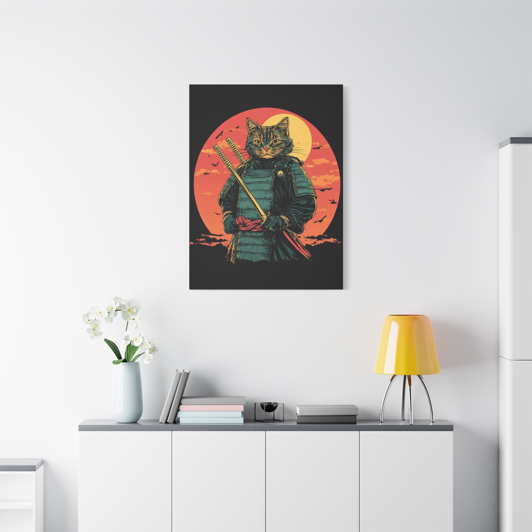 canvas-wall-art-samurai-cat-japanese-style-sunset-retro-wall-decor-stretched-matte-canvas-wall-hanging-home-decor-retro-wall-