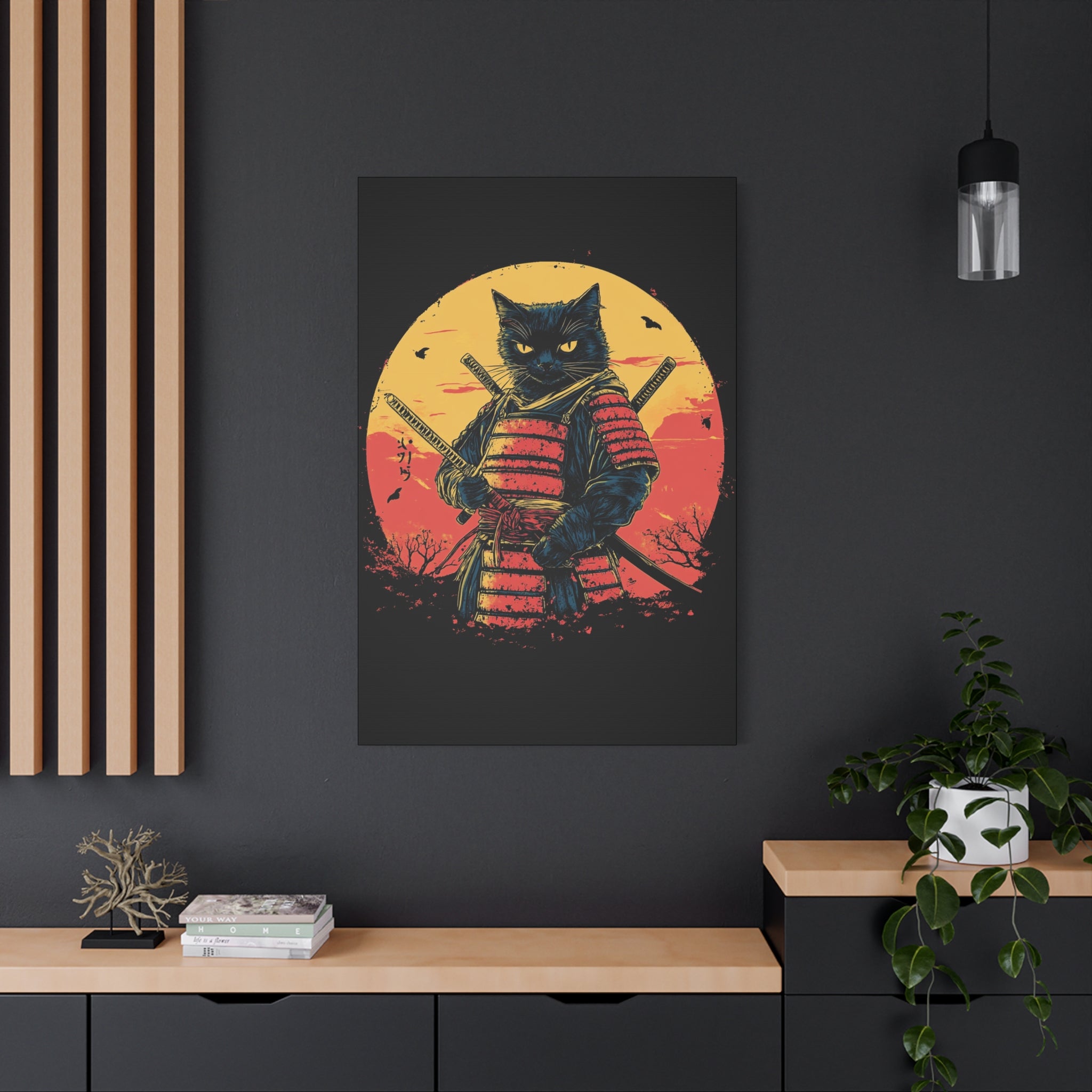 canvas-wall-art-samurai-cat-japanese-style-sunset-retro-wall-decor-stretched-matte-canvas-wall-hanging-home-decor-retro-wall-