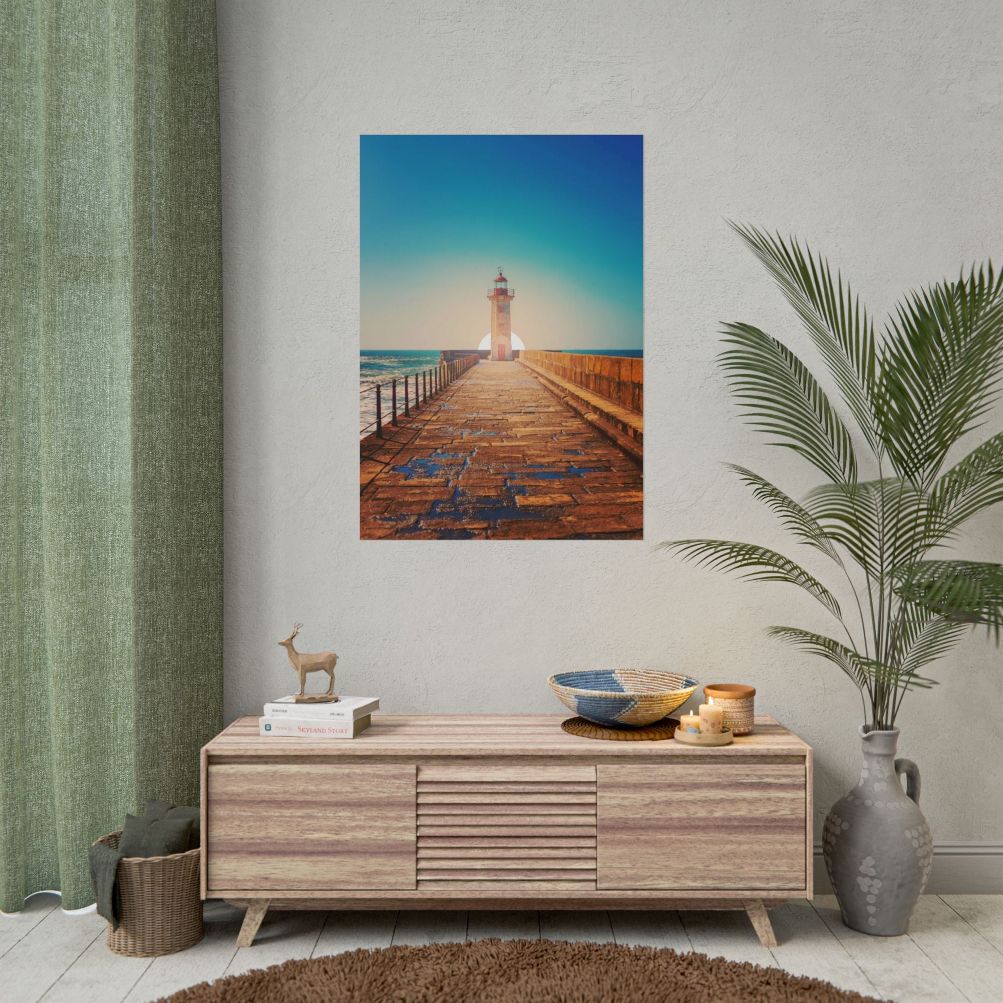 lighthouse-on-rock-poster-print-coastal-wall-art-nautical-decor-beach-house-decoration-seaside-wall-sunset-wall-decor