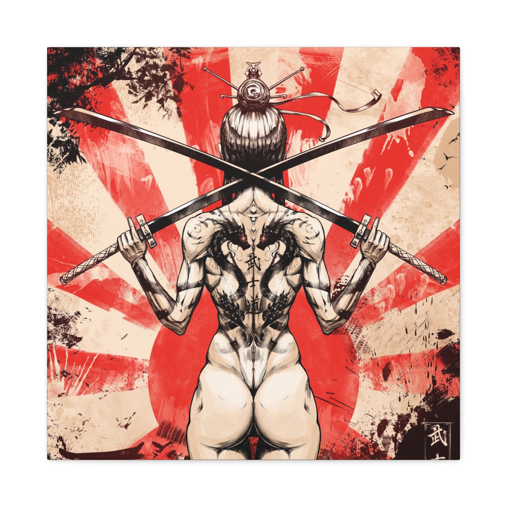 canvas-print-samurai-katana-dragon-tattoo-naked-woman-wall-decor-stretched-matte-japanese-art-asian-home-decoration-fantasy