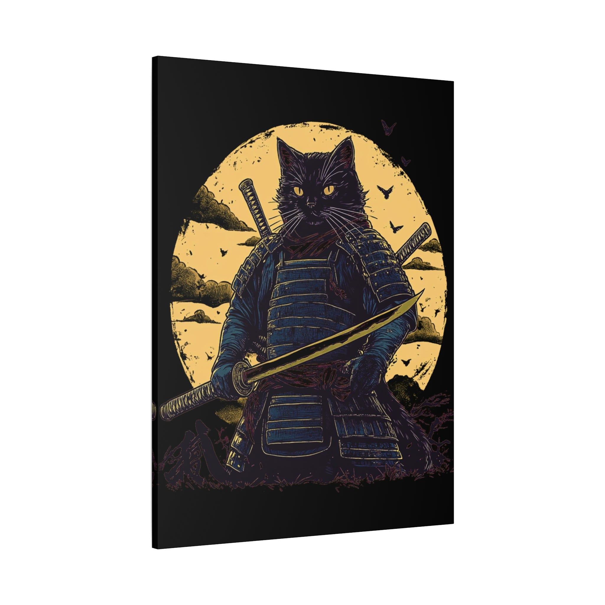canvas-wall-art-samurai-cat-japanese-style-sunset-retro-wall-decor-stretched-matte-canvas-wall-hanging-home-decor-retro-wall-