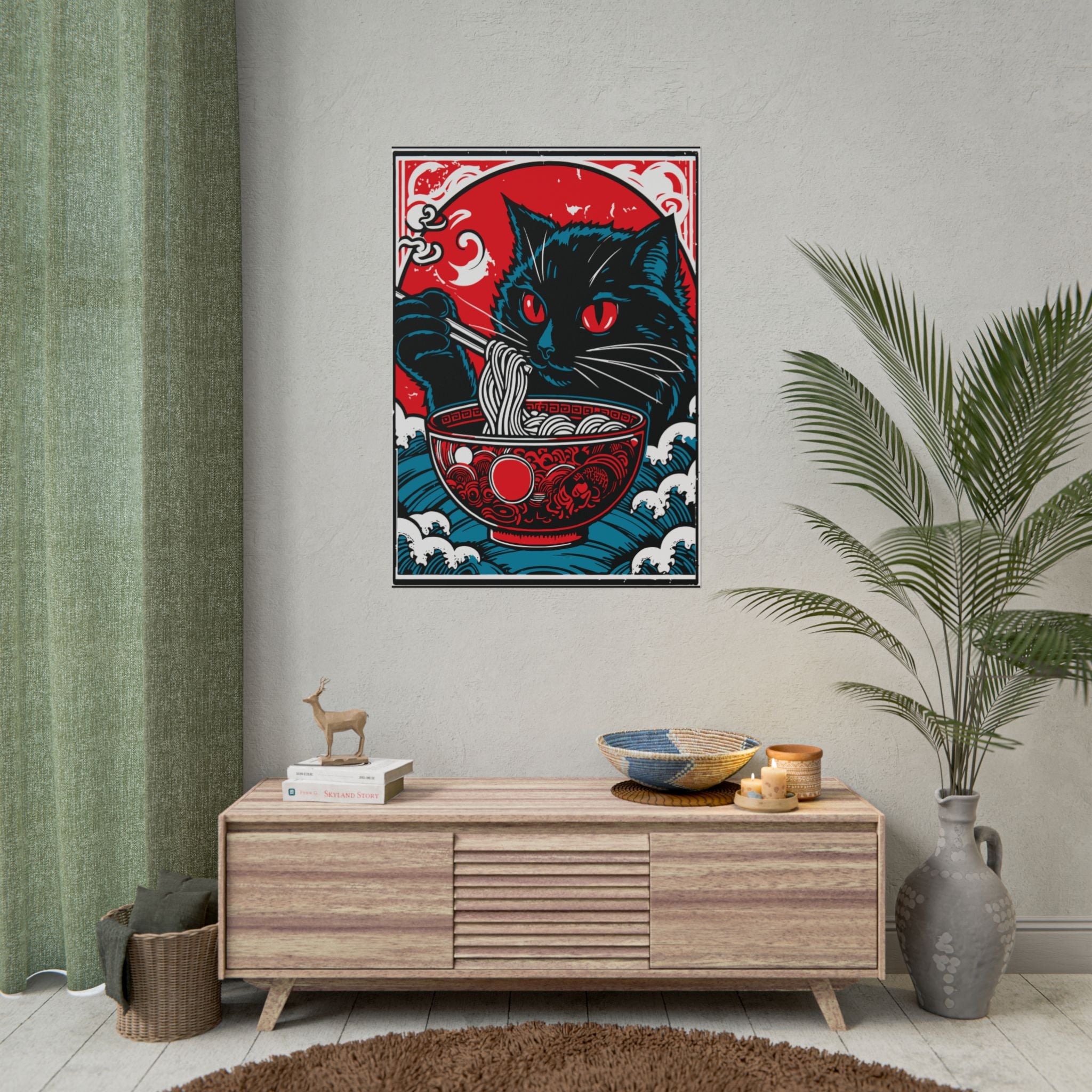 Cat Eating Ramen Noodle Poster Print, Retro Japanese Decor Wall Art, Living Room Decoration, Japandi Poster Art, Home Decor, Cute Cat