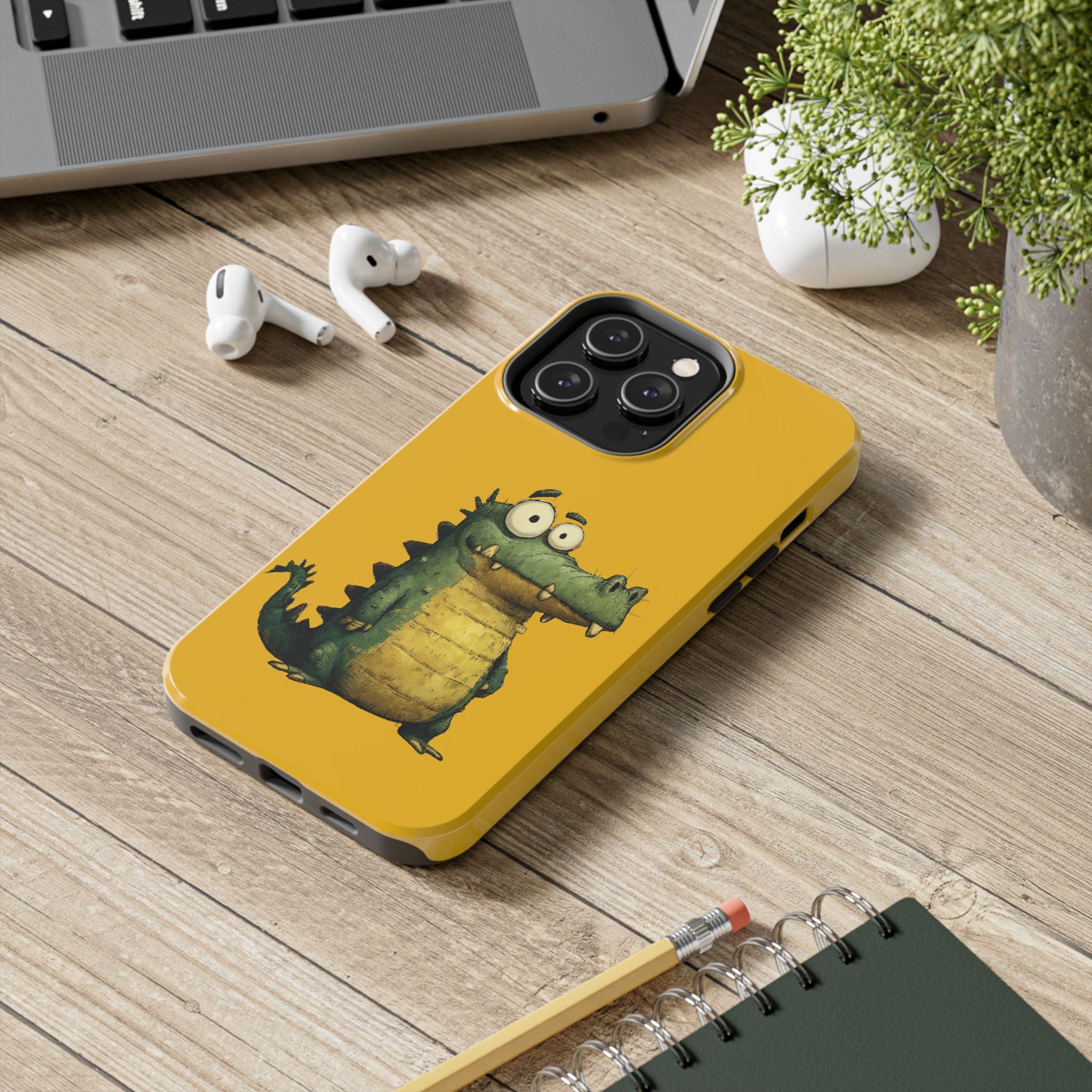 Quirky Funny Alligator iPhone Tough Case - Kawaii Animal Phone Cover - Crocodile Protective Phone Cover - Yellow iPhone Case