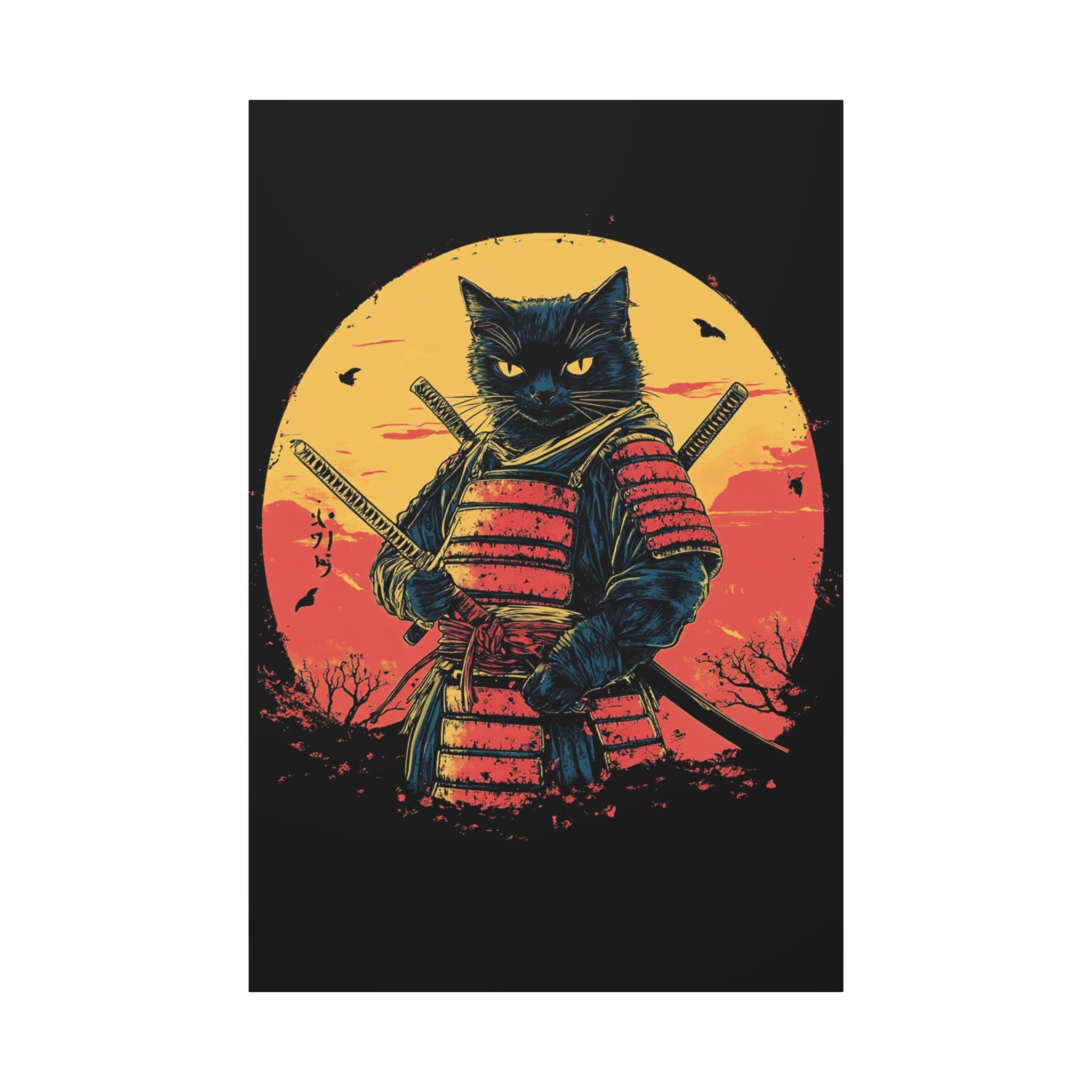 canvas-wall-art-samurai-cat-japanese-style-sunset-retro-wall-decor-stretched-matte-canvas-wall-hanging-home-decor-retro-wall-