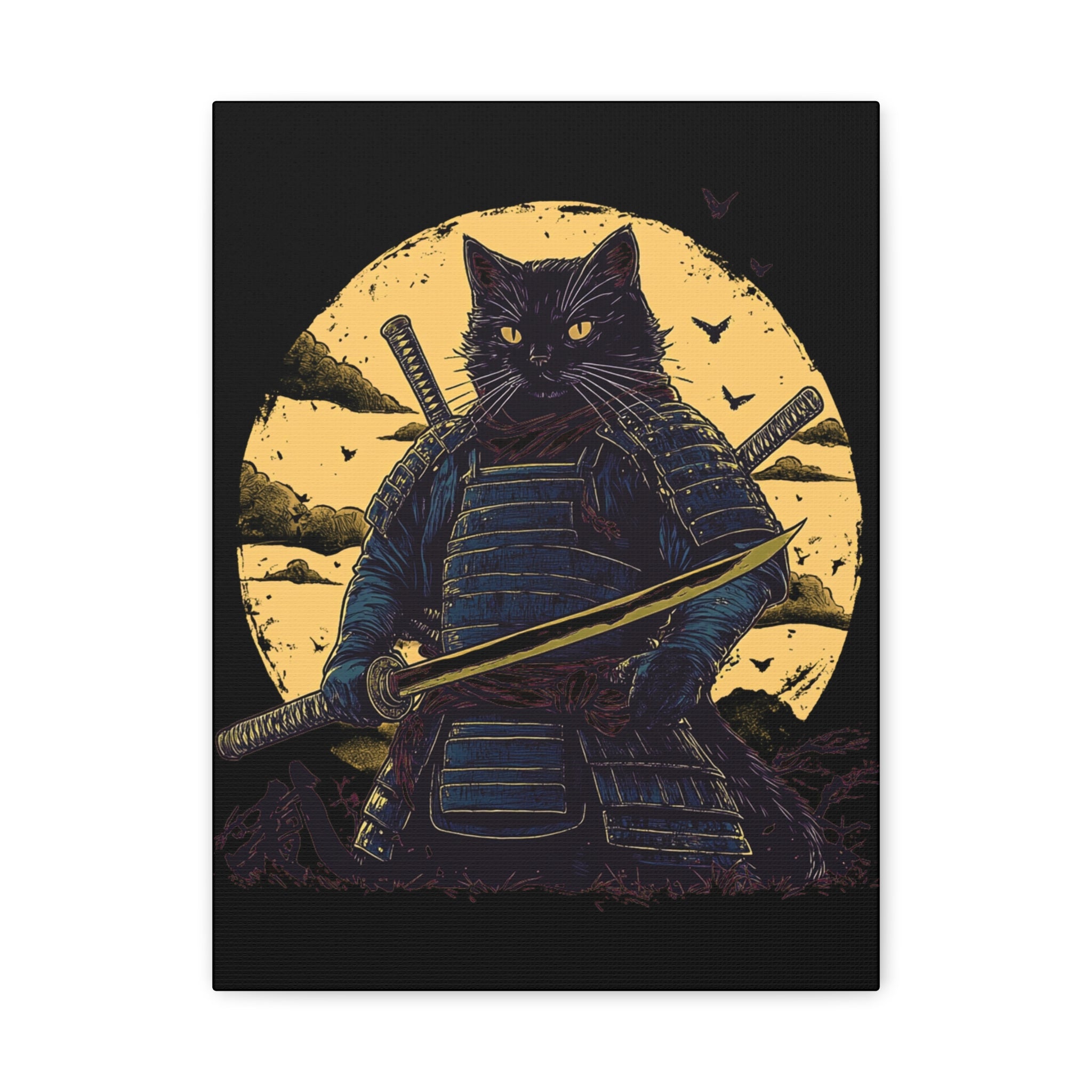 canvas-wall-art-samurai-cat-japanese-style-sunset-retro-wall-decor-stretched-matte-canvas-wall-hanging-home-decor-retro-wall-