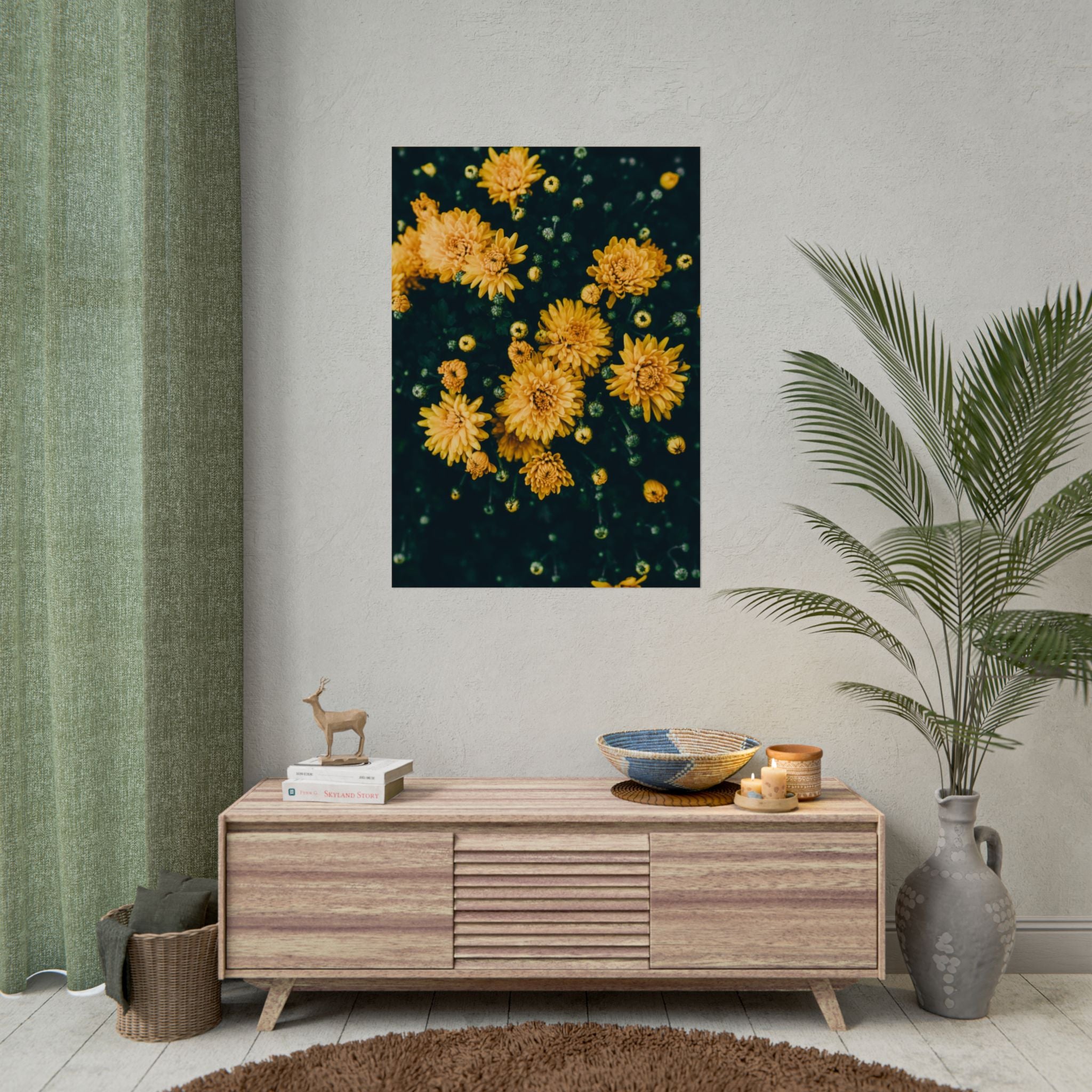 yellow-flower-art-poster-print-floral-wall-decor-floral-home-decor-gift-dark-botanical-art-print