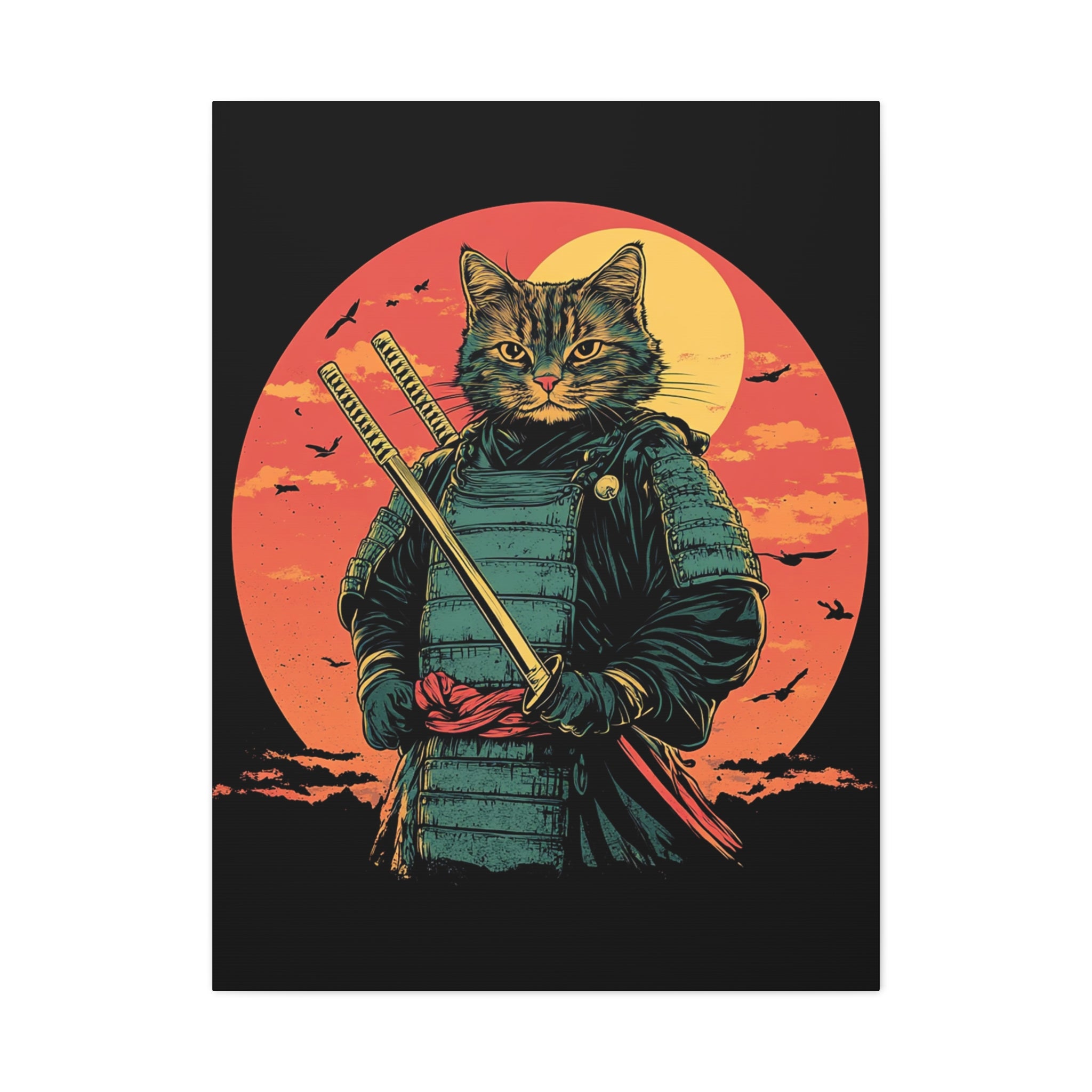 canvas-wall-art-samurai-cat-japanese-style-sunset-retro-wall-decor-stretched-matte-canvas-wall-hanging-home-decor-retro-wall-