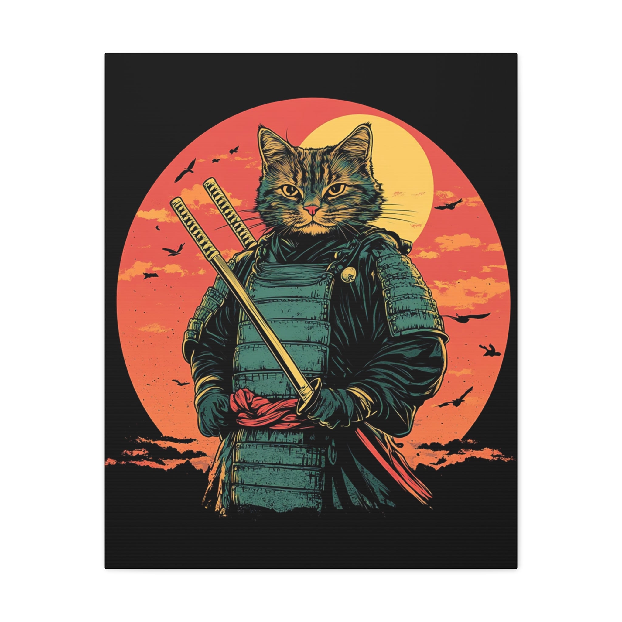 canvas-wall-art-samurai-cat-japanese-style-sunset-retro-wall-decor-stretched-matte-canvas-wall-hanging-home-decor-retro-wall-
