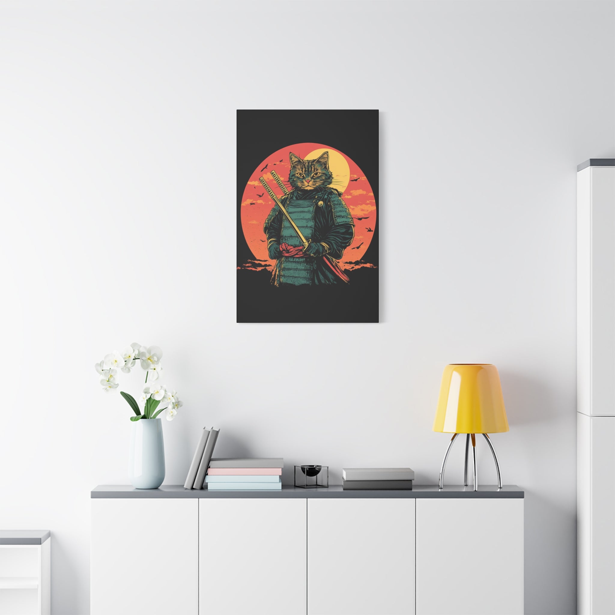 canvas-wall-art-samurai-cat-japanese-style-sunset-retro-wall-decor-stretched-matte-canvas-wall-hanging-home-decor-retro-wall-