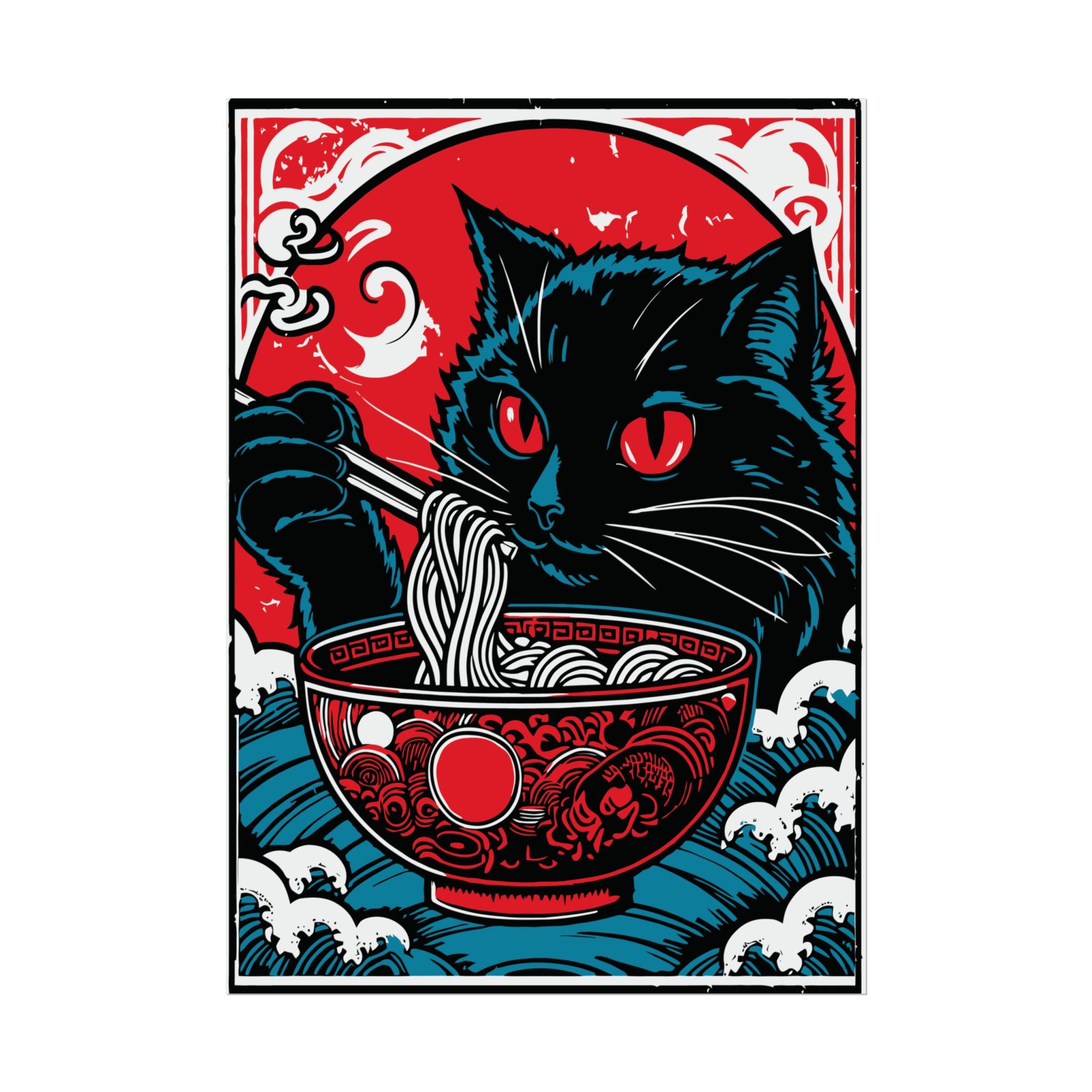 Cat Eating Ramen Noodle Poster Print, Retro Japanese Decor Wall Art, Living Room Decoration, Japandi Poster Art, Home Decor, Cute Cat