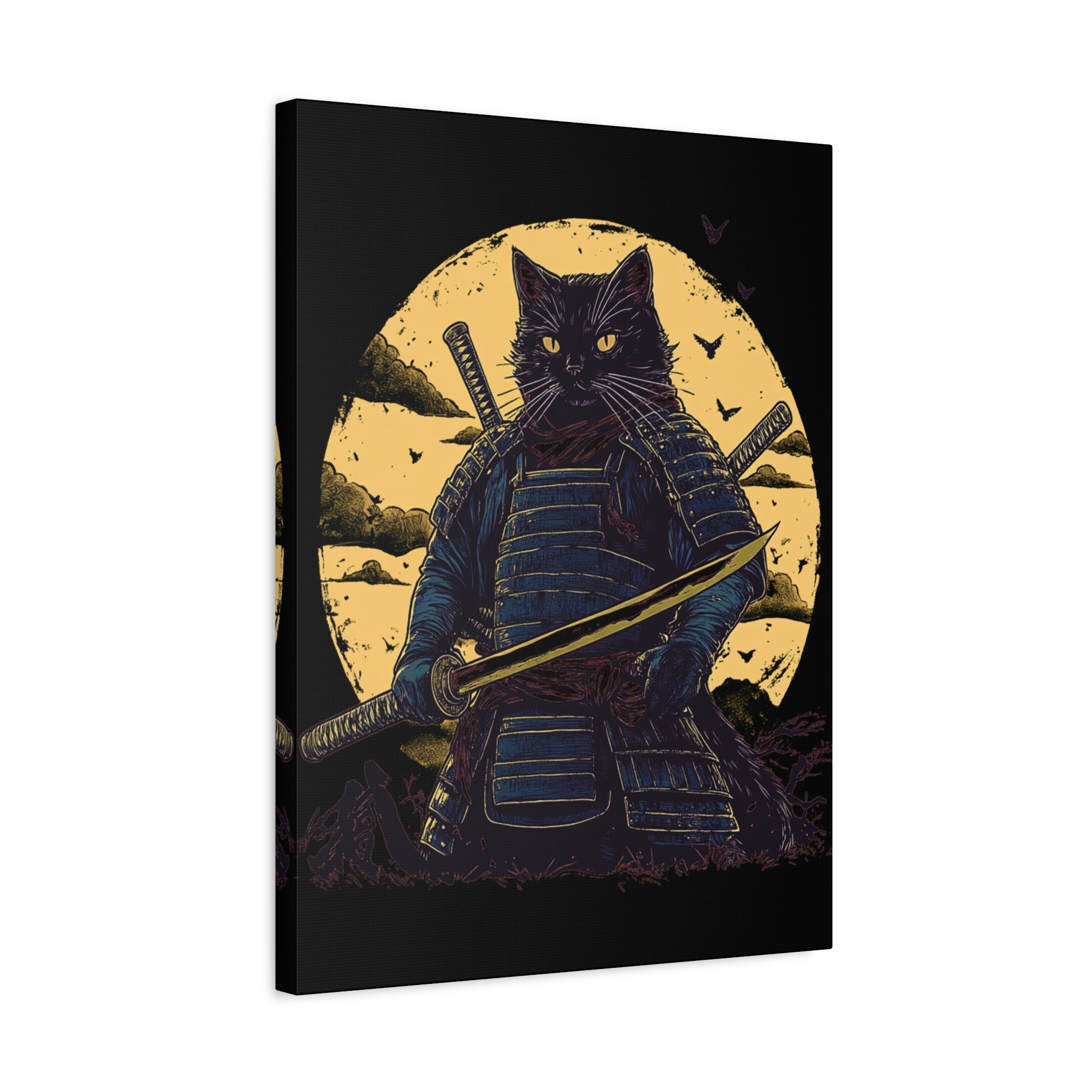 canvas-wall-art-samurai-cat-japanese-style-sunset-retro-wall-decor-stretched-matte-canvas-wall-hanging-home-decor-retro-wall-