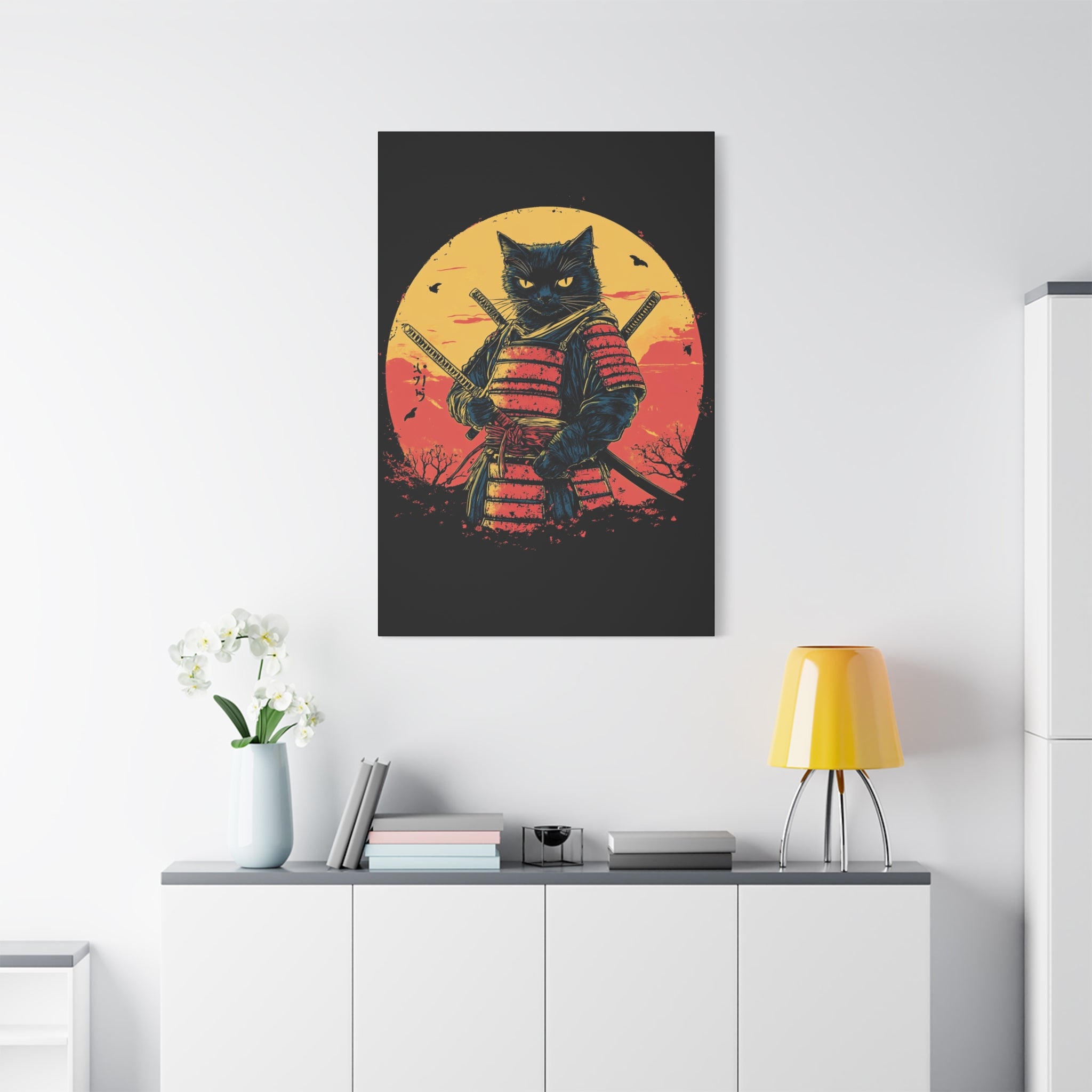 canvas-wall-art-samurai-cat-japanese-style-sunset-retro-wall-decor-stretched-matte-canvas-wall-hanging-home-decor-retro-wall-